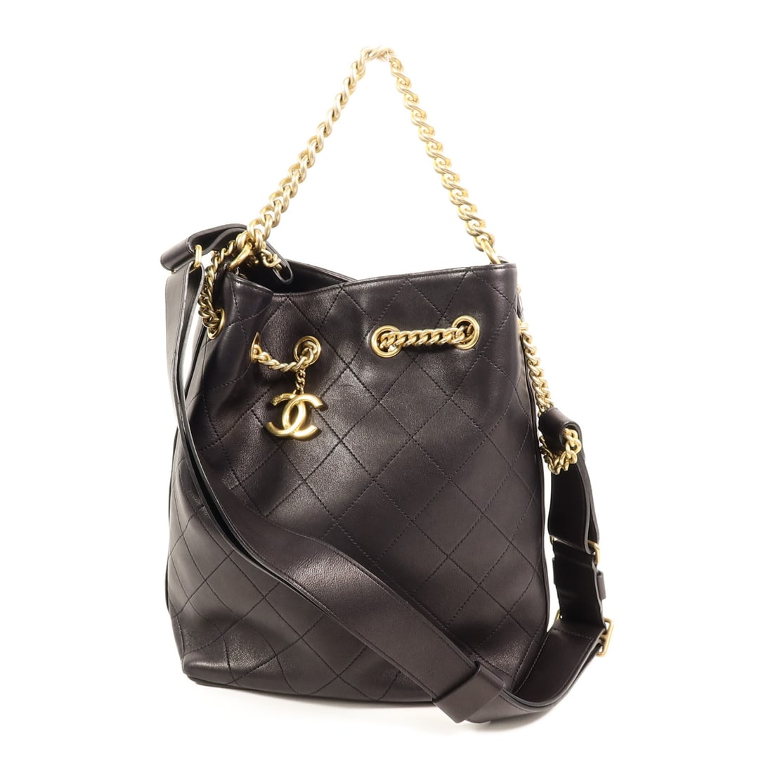CHANEL Black Calfskin Bucket Shoulder Bag GHW A91272 2 Way: CHANEL Black Calfskin Bucket Shoulder Bag GHW A91272 2 Way This CHANEL CC GHW Drawstring Bucket Bag is crafted from black calfskin leather and features gold-tone hardware. Designed as a versatile 2-wa