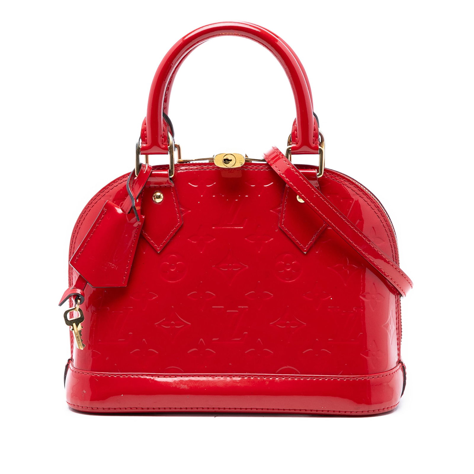 Louis Vuitton Alma BB Monogram Vernis red leather bag: Louis Vuitton Alma BB Monogram Vernis red leather bag This Louis Vuitton Monogram Vernis Alma BB is crafted from monogram vernis leather in a striking red hue. It features rolled leather handles, a de