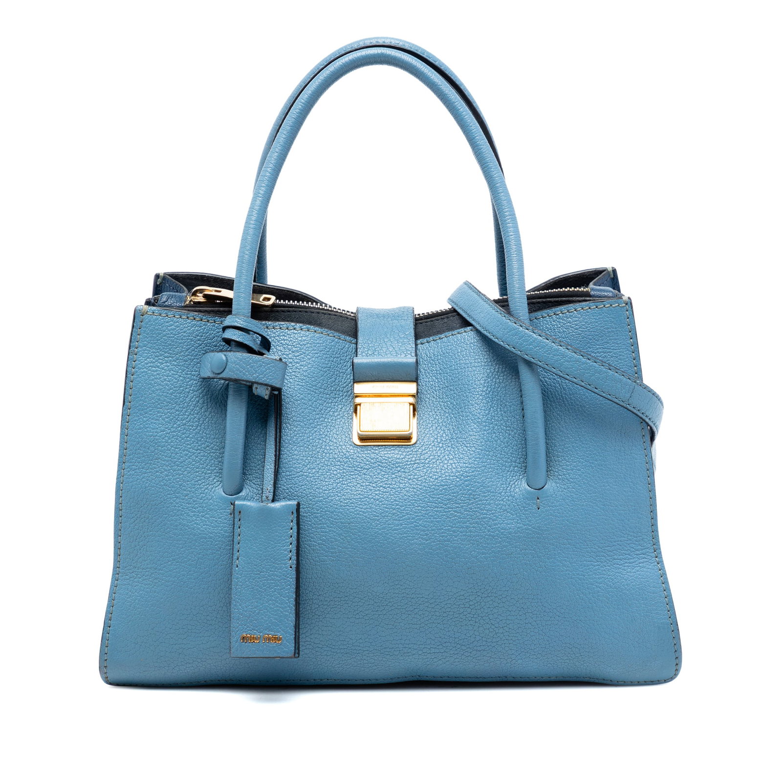 Miu Miu goatskin Madras push lock satchel tote: Miu Miu goatskin Madras push lock satchel tote This Miu Miu Goatskin Madras Push Lock Tote is crafted from blue goatskin leather and features rolled leather straps along with a detachable flat leather