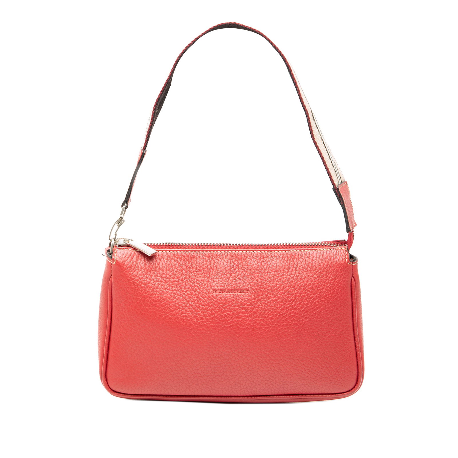 Burberry red leather baguette shoulder bag Italy: Burberry red leather baguette shoulder bag Italy This Burberry leather shoulder bag features a sleek baguette silhouette with a red leather body and a flat canvas strap. It is designed with a top zip 