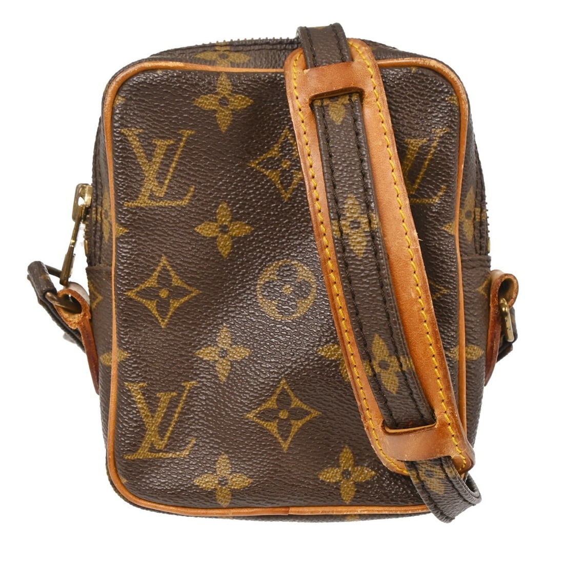 Louis Vuitton Danube Mini Monogram Crossbody Bag M45268: Louis Vuitton Danube Mini Monogram Crossbody Bag M45268 This Louis Vuitton Mini Danube shoulder bag features the iconic Monogram canvas leather with brown leather accents and a zip closure. Designed i