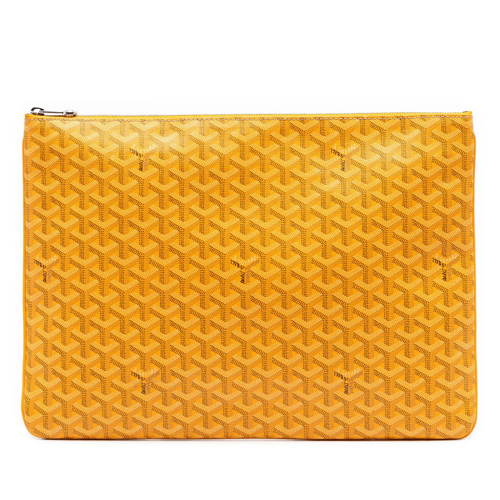 Goyard Senat GM yellow coated canvas zip pouch: Goyard Senat GM yellow coated canvas zip pouch The Goyardine Senat GM is a large pouch crafted from coated canvas in a striking yellow color. It features a secure top zip closure and an interior slip 