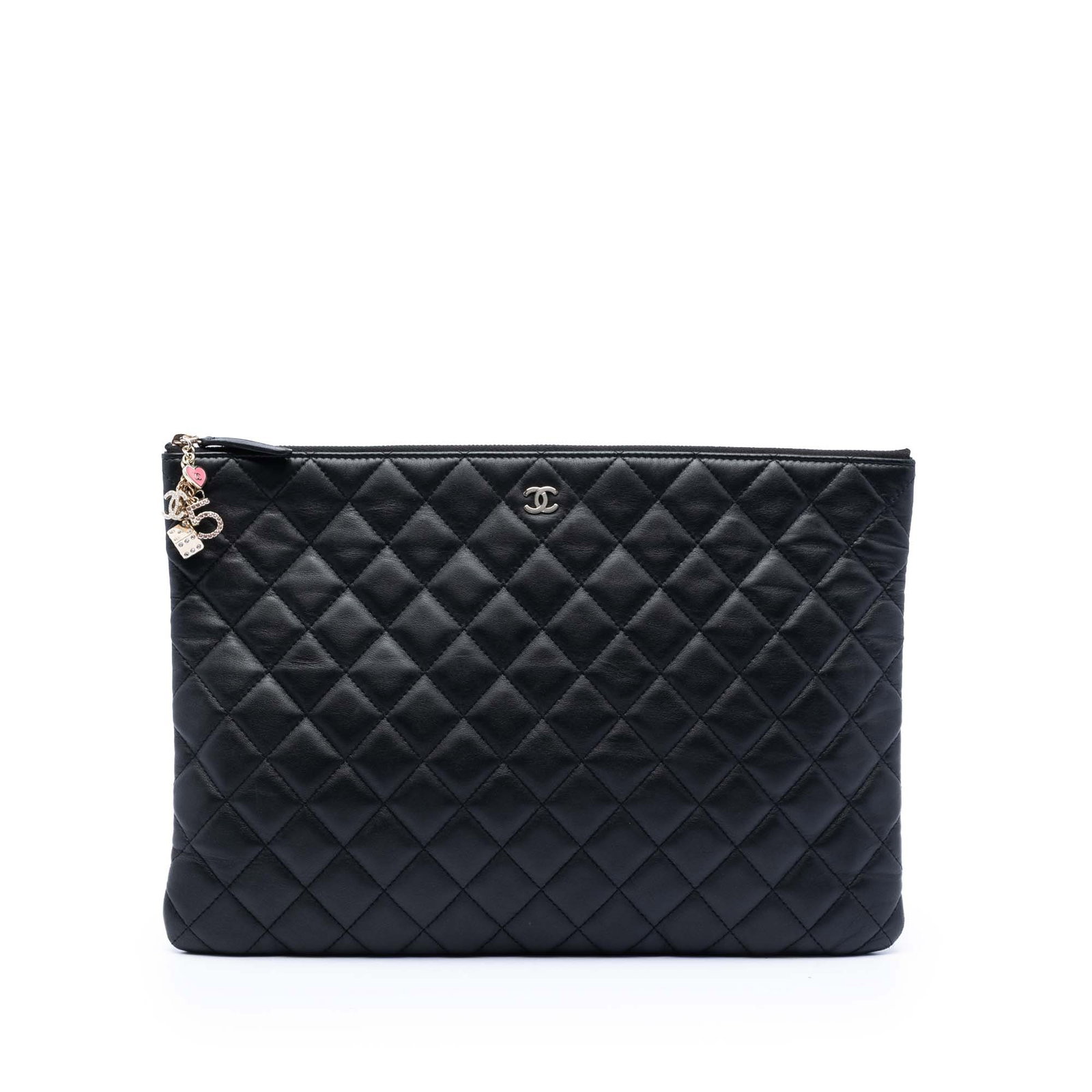 Chanel black quilted lambskin zip clutch Casino Charms O Case: Chanel black quilted lambskin zip clutch Casino Charms O Case This Chanel Large Quilted Lambskin Casino Charms O Case Clutch is crafted from black quilted lambskin leather and features a top zip closu