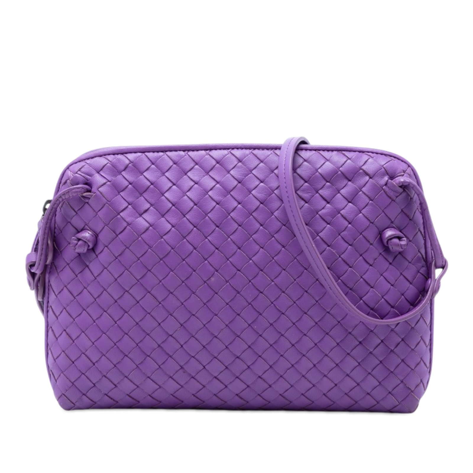 Bottega Veneta Intrecciato Nodini purple leather crossbody bag: Bottega Veneta Intrecciato Nodini purple leather crossbody bag This Bottega Veneta Nappa Intrecciato Nodini Crossbody bag features the brand's signature woven leather design in a purple hue. It is equ