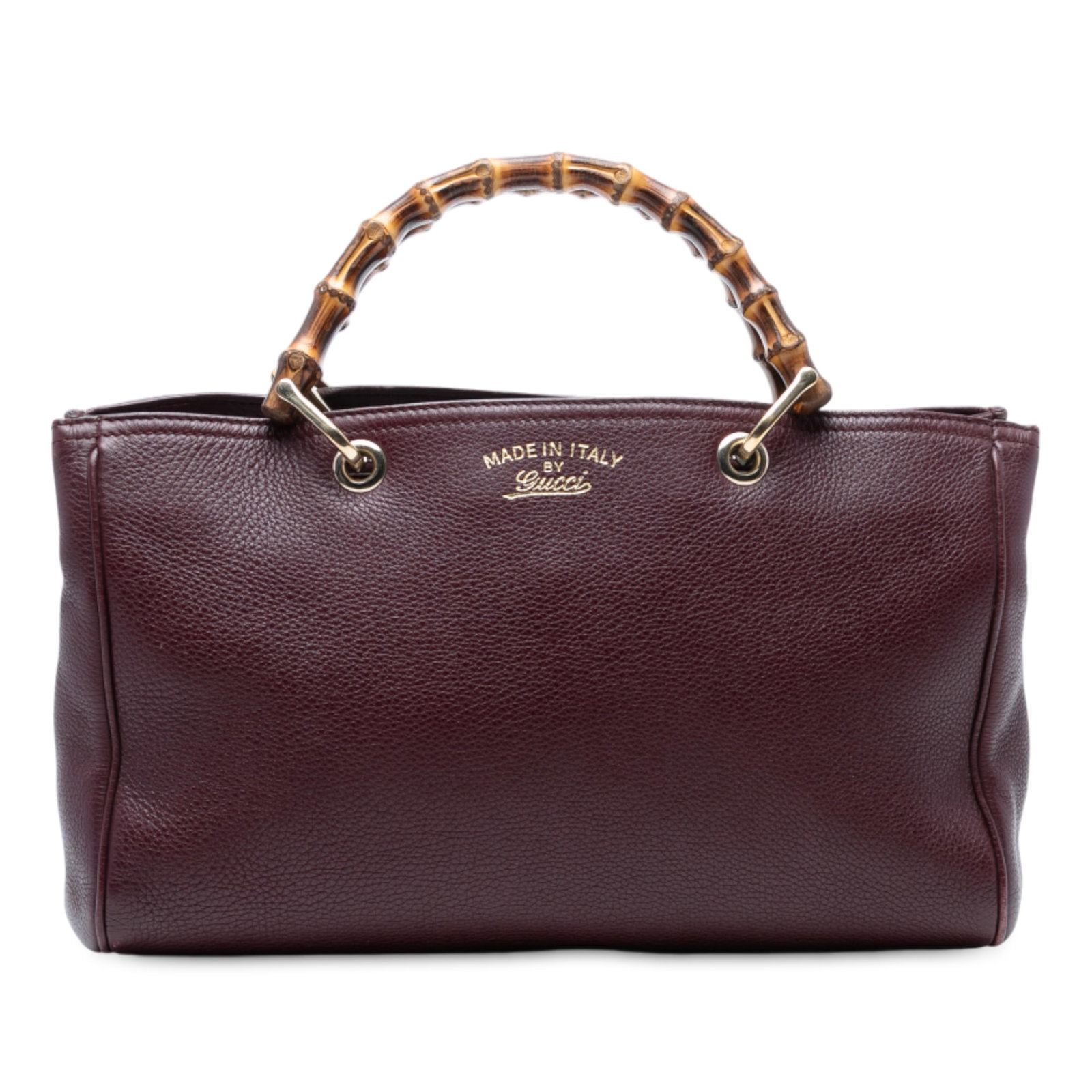 Red Leather Bamboo Handle Medium Satchel by Gucci: Red Leather Bamboo Handle Medium Satchel by Gucci This Gucci Medium Calfskin Bamboo Shopper Satchel features a red leather body with distinctive bamboo top handles. It includes a detachable flat leath