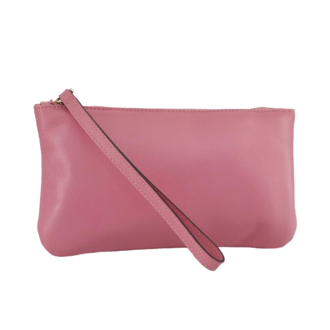 Pink Valentino leather pouch with dust bag: Pink Valentino leather pouch with dust bag This Valentino pouch is crafted from pink leather and designed for women. Made in Italy, it features a compact style with approximate dimensions of 21 cm in 
