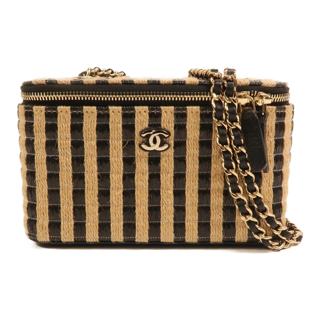CHANEL AP1999 Raffia Vanity Shoulder Bag Beige Black GHW (1 of 15)