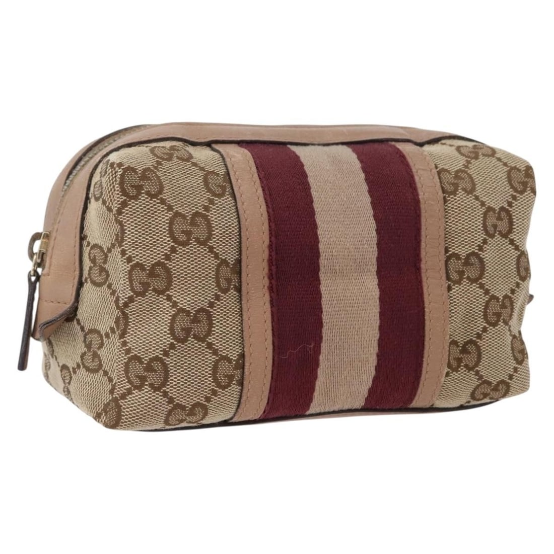 Gucci Sherry Line GG Canvas Beige Gold Pouch 256636: Gucci Sherry Line GG Canvas Beige Gold Pouch 256636 This is a Gucci GG Canvas Sherry Line pouch in beige and gold, crafted in Italy. The pouch features the signature GG canvas exterior, gold-tone acce