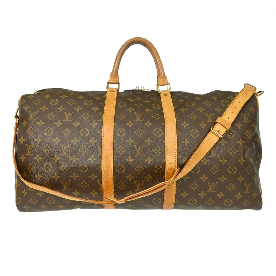 Louis Vuitton Keepall Bandouliere 55 Monogram Duffle Bag: Louis Vuitton Keepall Bandouliere 55 Monogram Duffle Bag This is a vintage Louis Vuitton Keepall Bandouliere 55 duffle bag featuring the classic Monogram canvas exterior. The bag includes double leath