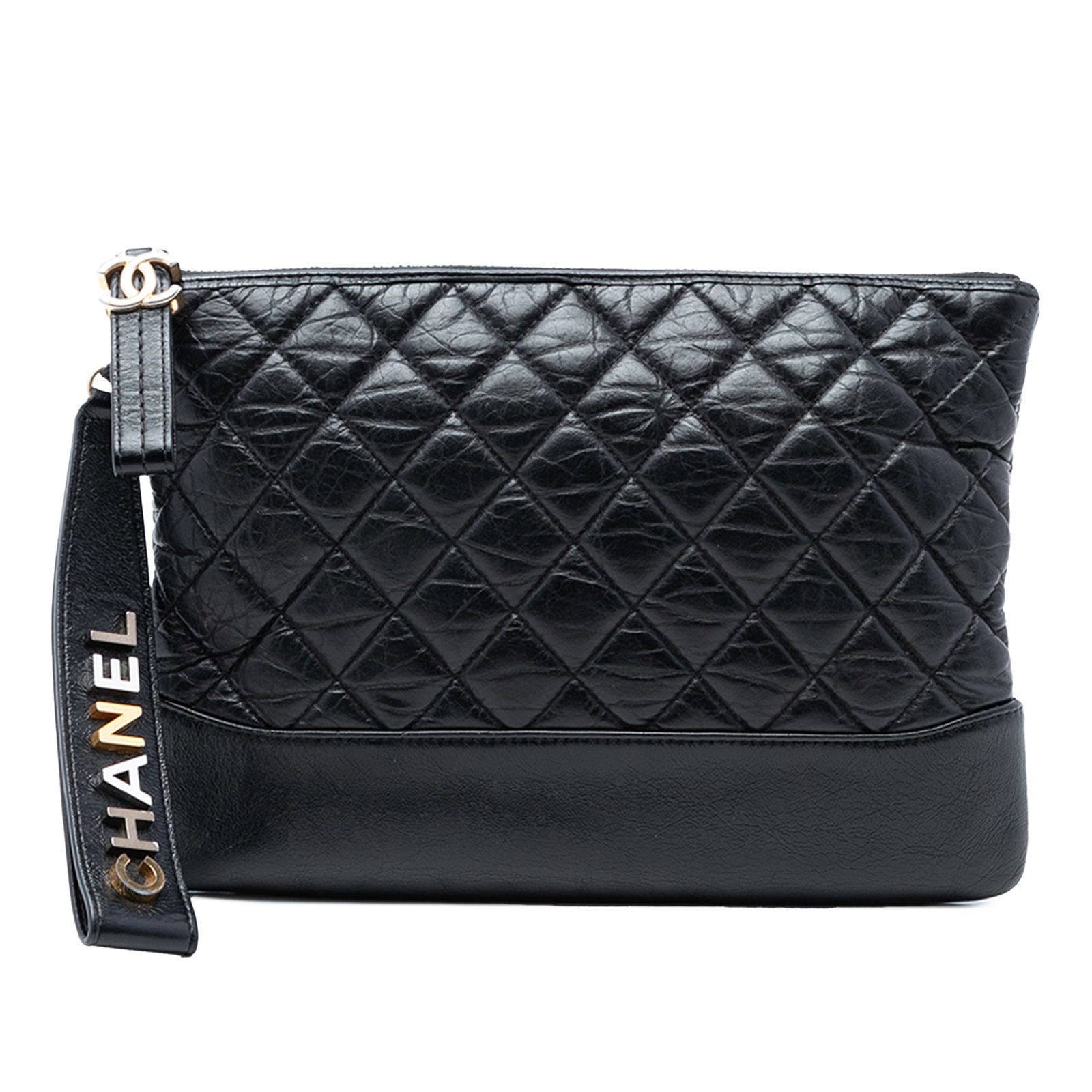 Chanel Gabrielle O Case quilted calfskin clutch: Chanel Gabrielle O Case quilted calfskin clutch This Chanel Medium Aged Calfskin Gabrielle O Case Clutch is crafted from quilted calf leather in black and features a top zip closure and an interior zi