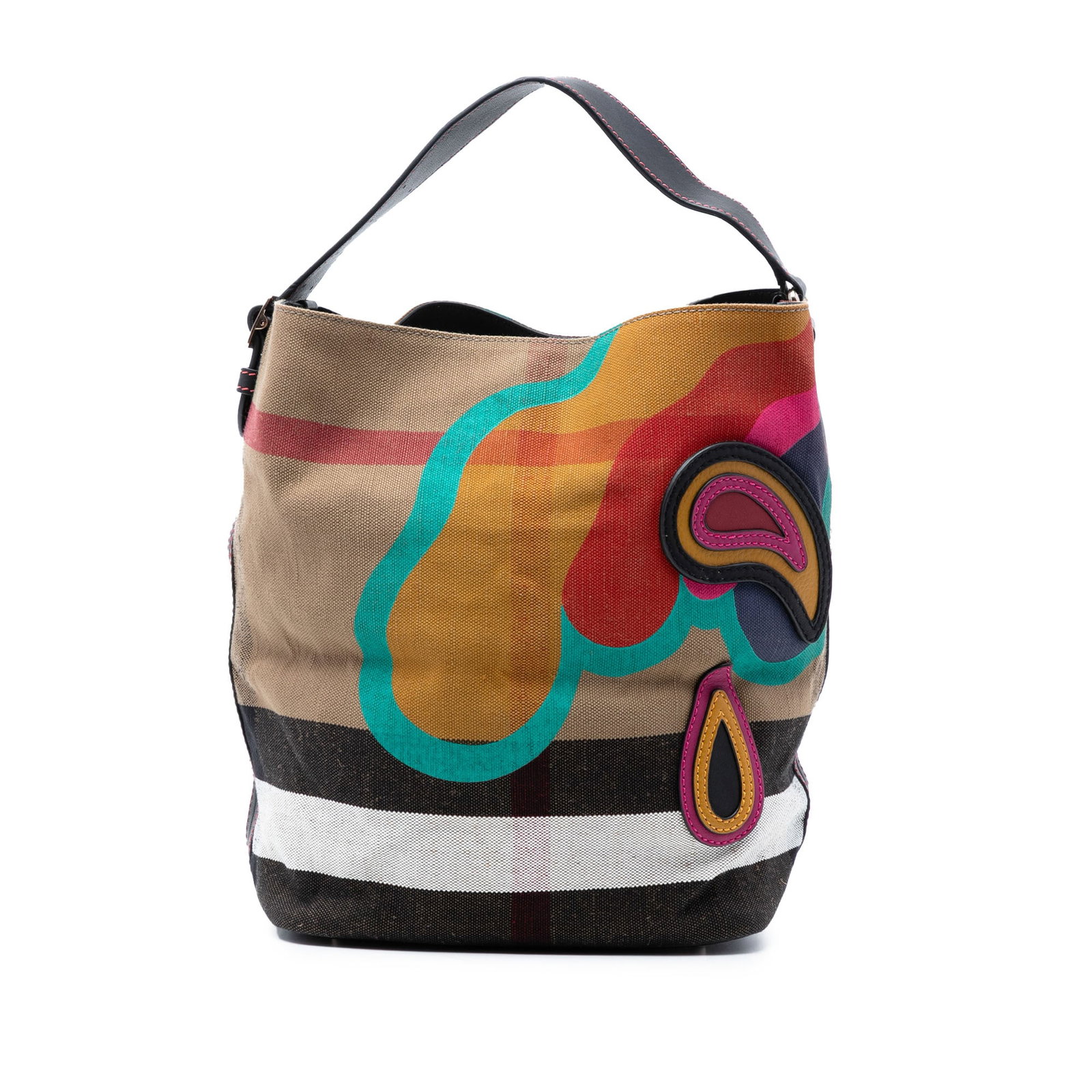 Burberry Ashby bucket bag canvas leather trim medium mega check: Burberry Ashby bucket bag canvas leather trim medium mega check This Burberry Medium Mega Check Canvas Pop Elements Ashby Bucket bag features a canvas body with leather trim, a flat leather handle, an