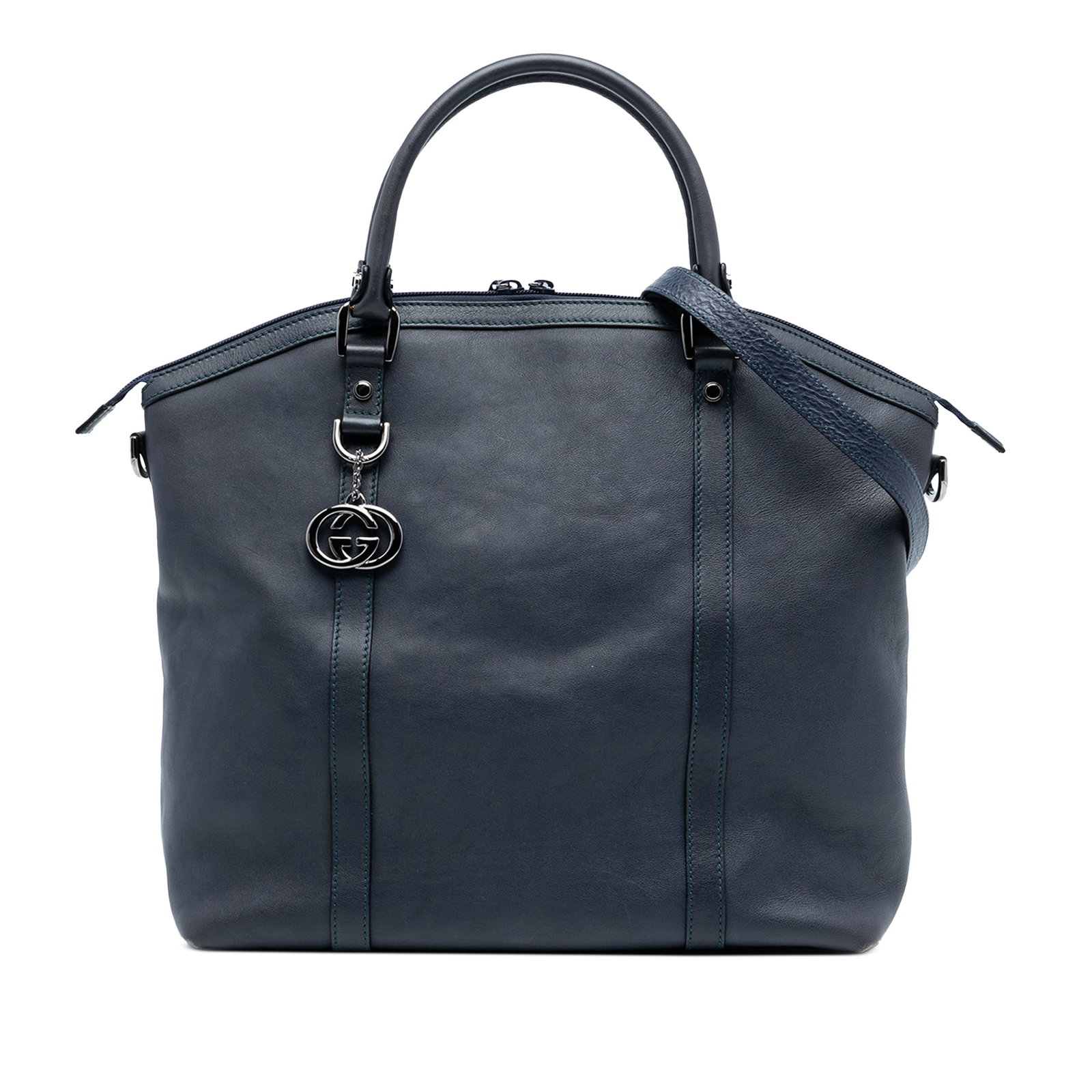 Gucci Dome Satchel Blue Leather Bag with Charm and Detachable Strap: Gucci Dome Satchel Blue Leather Bag with Charm and Detachable Strap This Gucci Large Leather Charm Dome Satchel is crafted from blue leather and features rolled leather handles, a detachable leather s