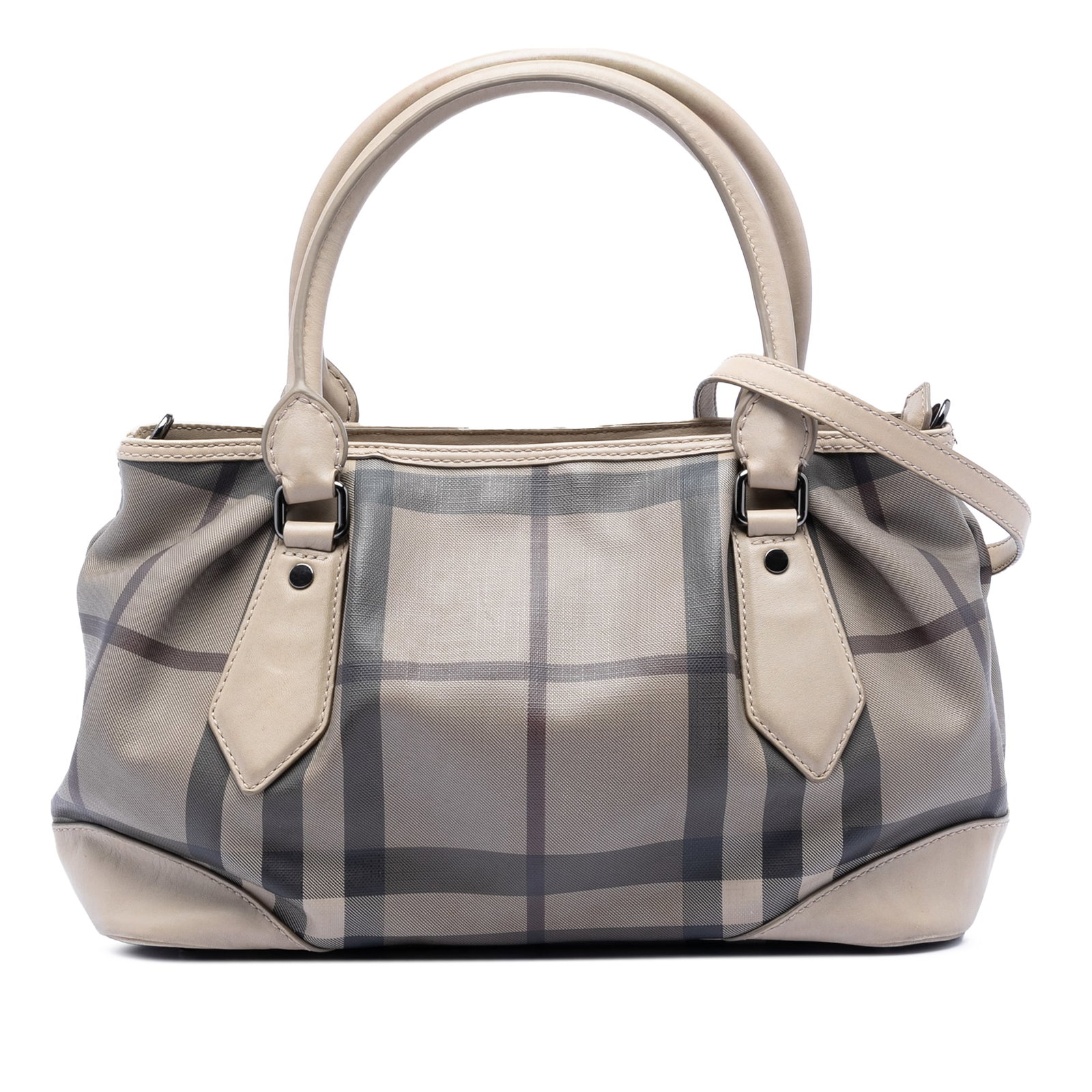 Burberry Heathcliff gray coated canvas satchel with leather trim: Burberry Heathcliff gray coated canvas satchel with leather trim This Burberry Heathcliff satchel features the brand's signature Smoke Check coated canvas with leather trim. It is designed with rolled