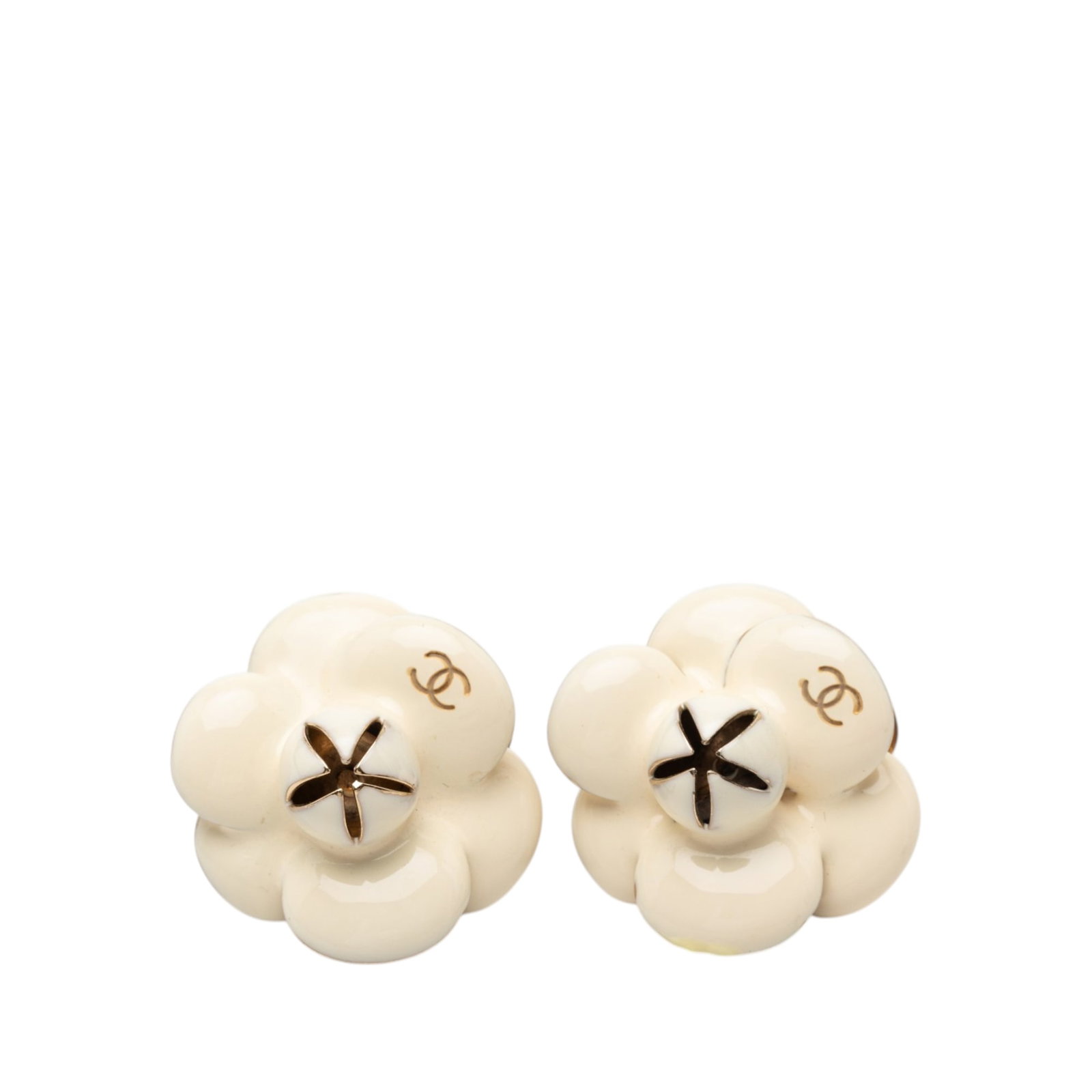 Chanel CC camellia clip on earrings gold plated enamel: Chanel CC camellia clip on earrings gold plated enamel These Chanel CC Gold Plated Enamel Camellia clip-on earrings feature a gold-tone metal and enamel construction with a floral design. The earrings