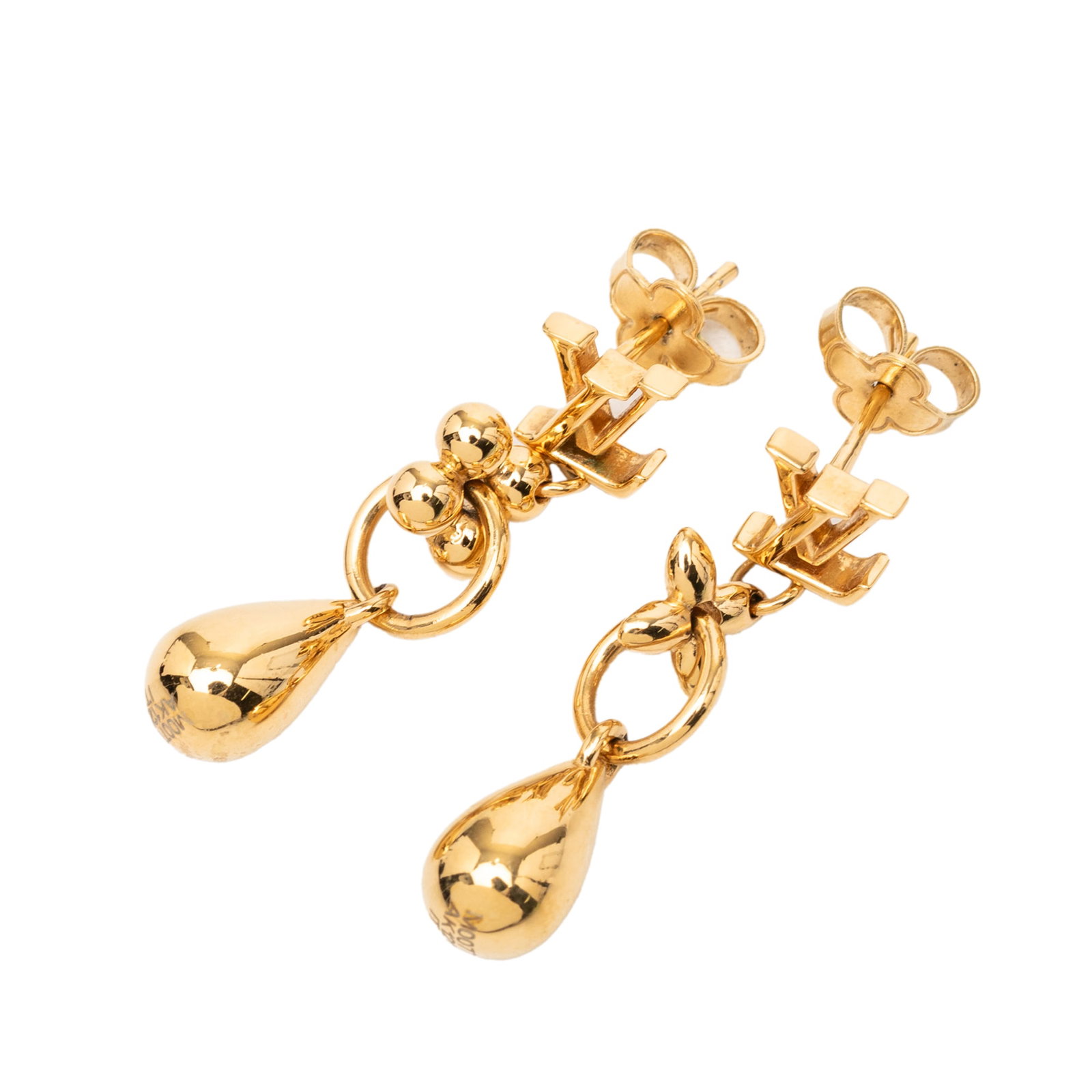 Louis Vuitton Floragram Gold Tone Drop Earrings: Louis Vuitton Floragram Gold Tone Drop Earrings These Louis Vuitton Floragram drop earrings feature gold-tone metal bodies with a push-back closure. Made in Italy, they are categorized as costume jewe