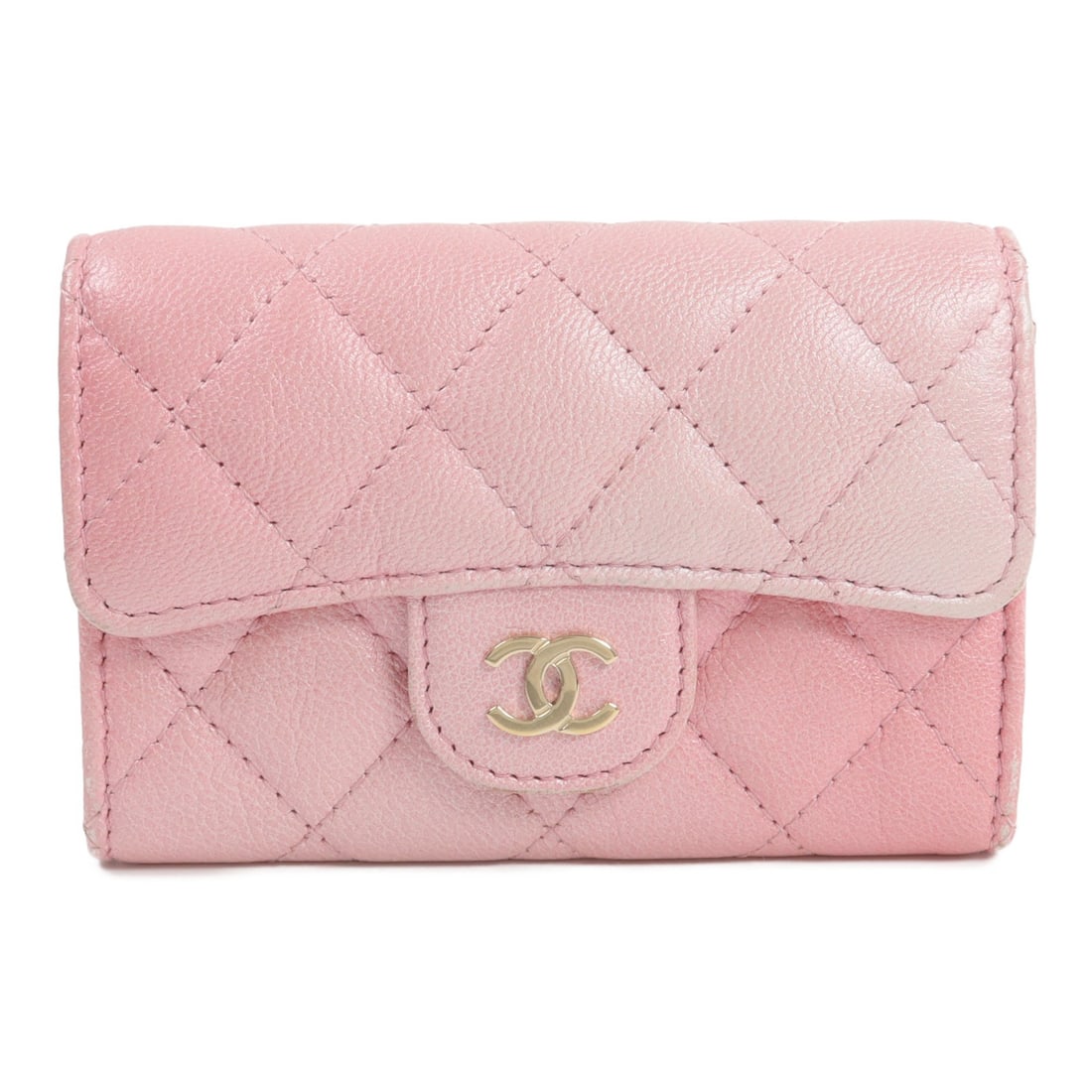 CHANEL Pink Calfskin Card Case CC GHW AP0214: CHANEL Pink Calfskin Card Case CC GHW AP0214 This CHANEL Classic Flap Card Holder features the iconic CC design and is crafted from pink calfskin leather. Designed for women, this card case offers bot