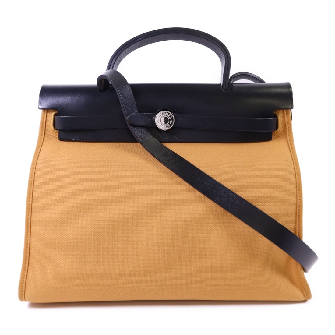 Herbag PM Canvas Shoulder Bag with Palladium Hardware by Hermes: Herbag PM Canvas Shoulder Bag with Palladium Hardware by Hermes This Hermes Herbag PM is a versatile 2-way shoulder handbag crafted from durable khaki canvas. Designed for women, it features a practic