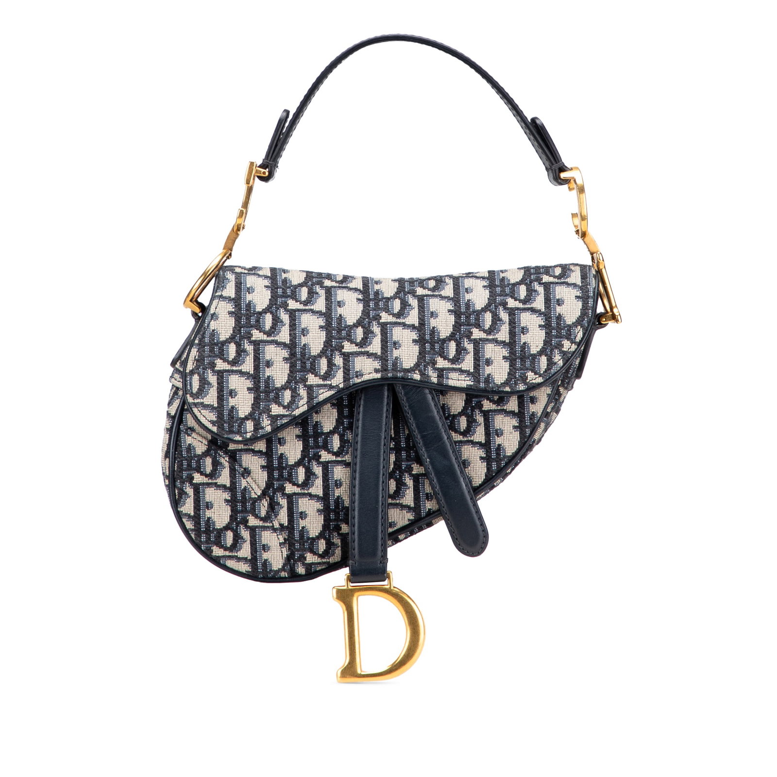 Dior Mini Oblique Canvas Saddle Bag Blue Leather Trim Italy (1 of 11)