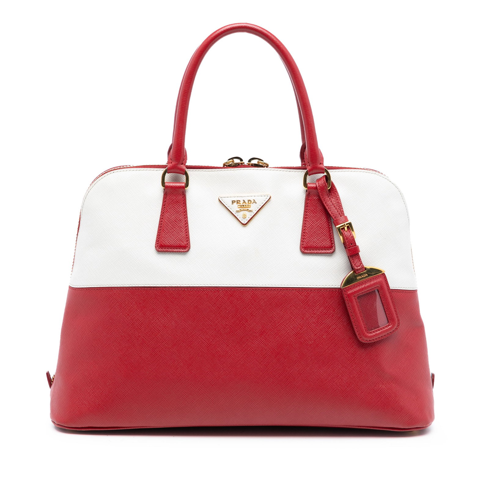 Medium Prada Saffiano Lux Promenade Red Leather Bicolor Satchel Bag: Medium Prada Saffiano Lux Promenade Red Leather Bicolor Satchel Bag This Prada Medium Bicolor Saffiano Lux Promenade Satchel features a saffiano leather body, rolled leather handles, a two-way top zip