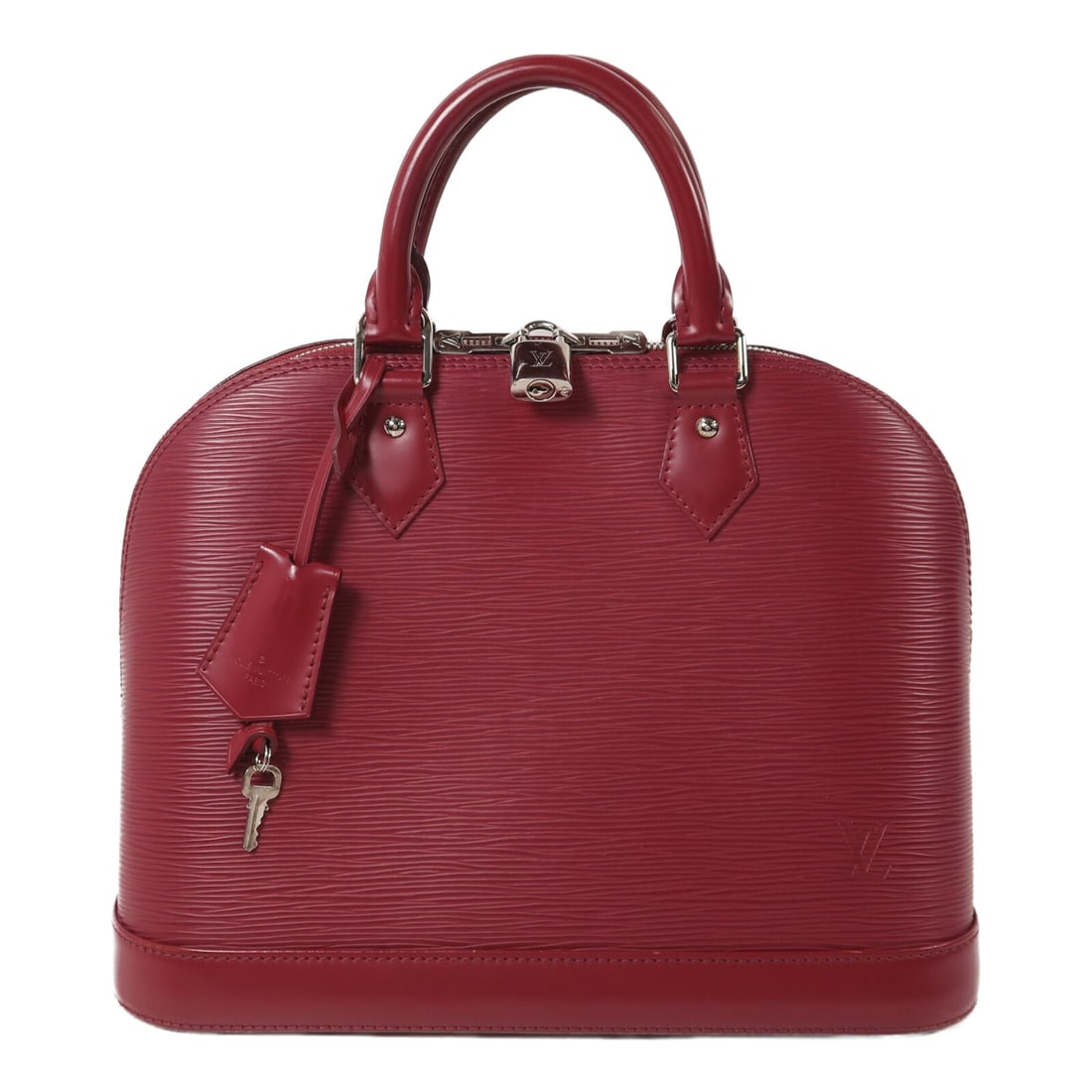 Louis Vuitton Alma PM Epi Red Calfskin Handbag: Louis Vuitton Alma PM Epi Red Calfskin Handbag This Louis Vuitton Alma PM handbag features the signature Epi leather in a striking red hue. Crafted from high-quality calfskin, the bag offers a structu