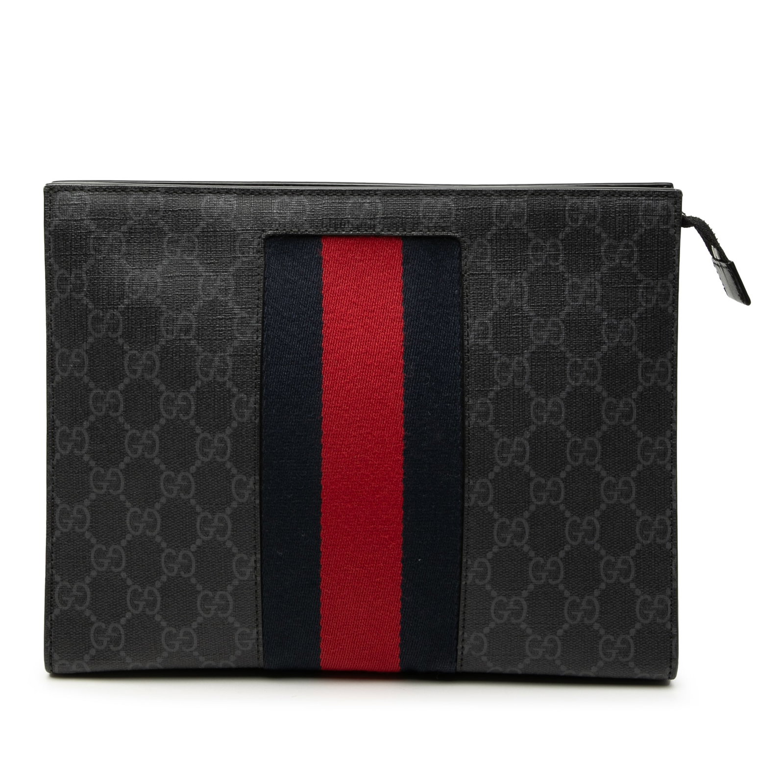 Gucci black coated canvas web detail zip clutch: Gucci black coated canvas web detail zip clutch This Gucci GG Supreme Web Clutch features a coated canvas body with signature web detailing. The bag is designed with a top zip closure and includes an 