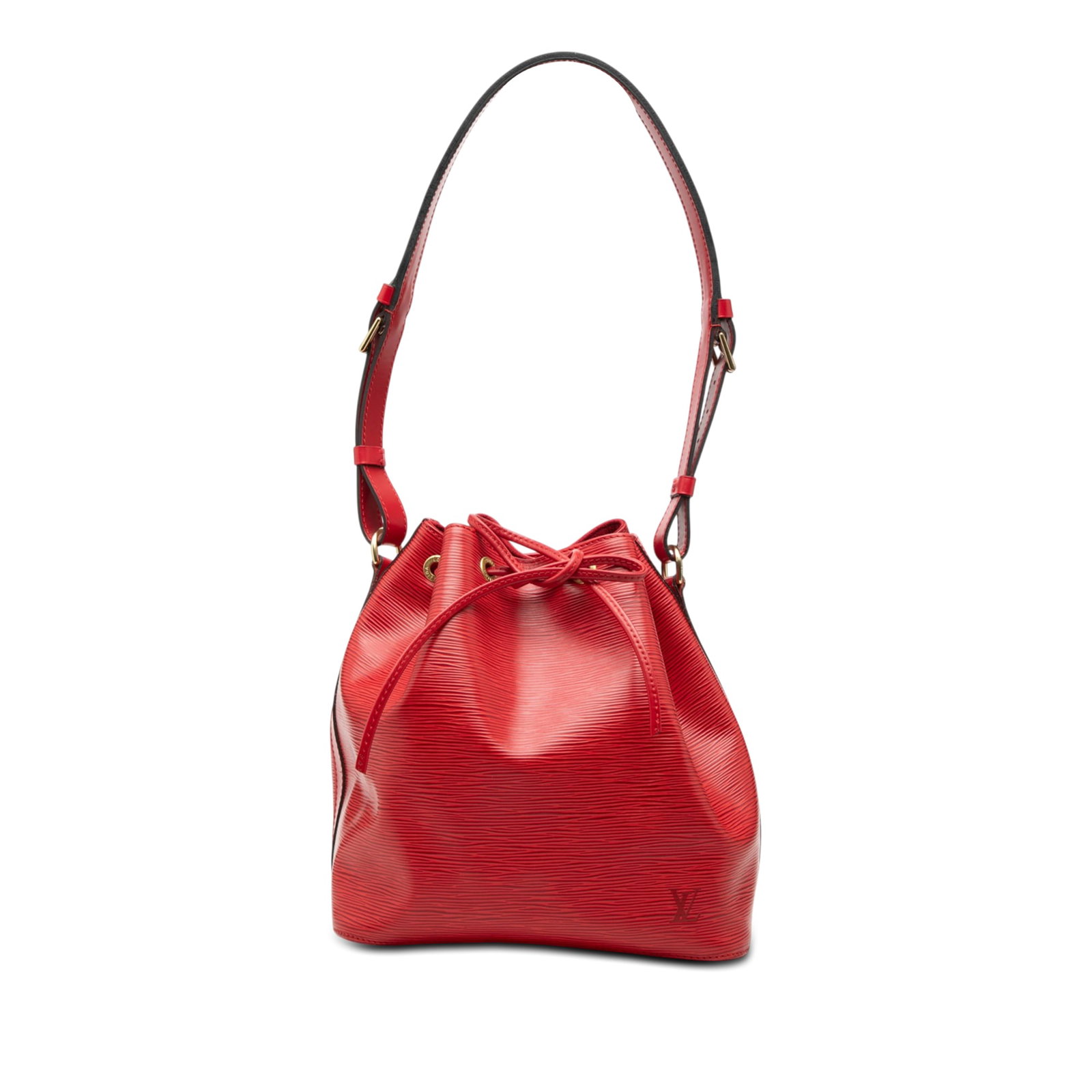 Louis Vuitton Epi leather red drawstring bucket bag Petit Noe: Louis Vuitton Epi leather red drawstring bucket bag Petit Noe This Louis Vuitton Epi Petit Noe bag features a distinctive epi leather body in red, complemented by flat leather shoulder straps and a pr