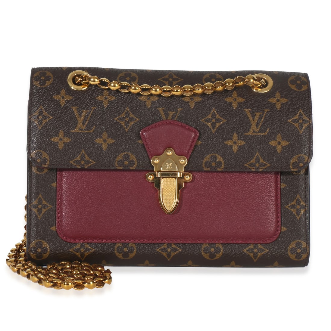 Louis Vuitton Victoire Chain Shoulder Bag Monogram Canvas: Louis Vuitton Victoire Chain Shoulder Bag Monogram Canvas This Louis Vuitton Burgundy Brown Monogram Canvas Victoire Chain Bag features a classic monogram canvas exterior in a rich red hue, complement