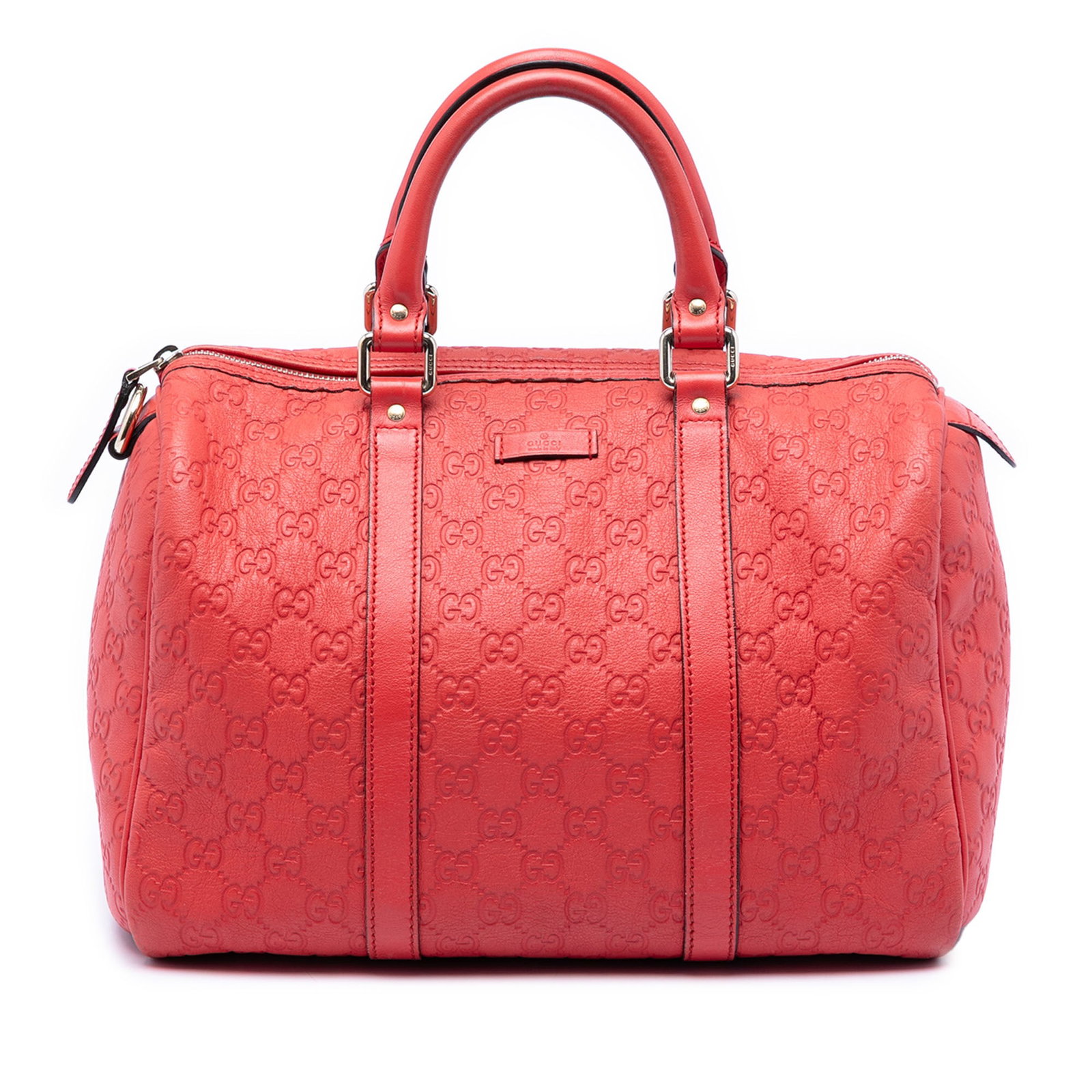 Gucci Red Embossed Leather Boston Bag Medium Joy: Gucci Red Embossed Leather Boston Bag Medium Joy This medium-sized Guccissima Joy Boston Bag features an embossed leather exterior in red, complemented by rolled leather handles and a top zip closure.
