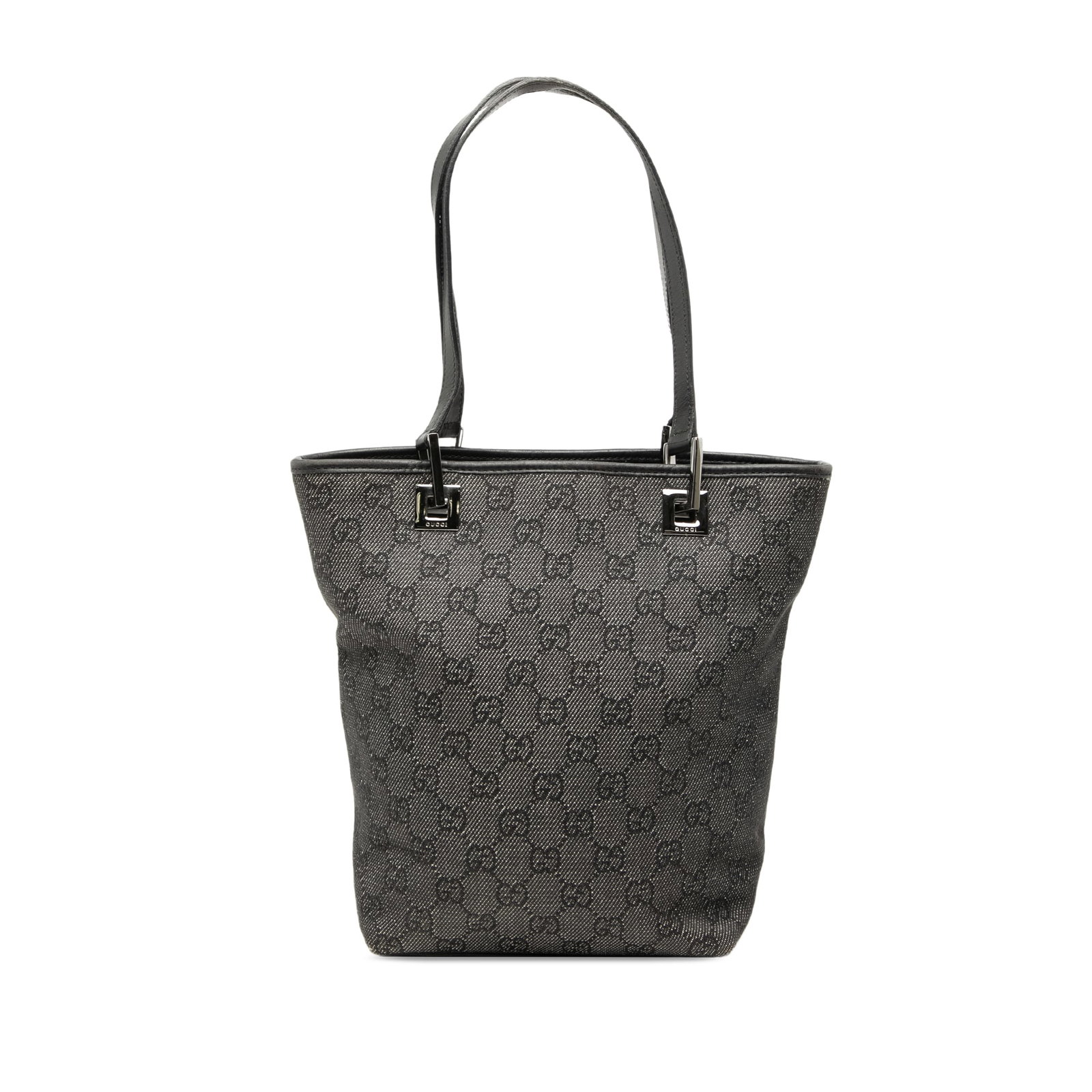 Gucci gray denim shoulder bag with leather trim: Gucci gray denim shoulder bag with leather trim This Gucci GG Denim Shoulder Bag is crafted in Italy and features a denim body with leather trim, flat leather straps, an open top, and an interior zip 