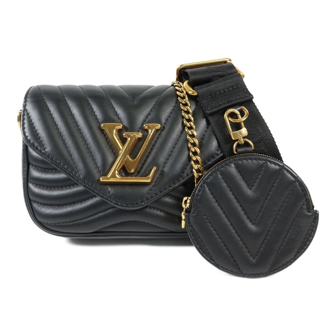 Louis Vuitton New Wave 2 Way Black Calfskin Shoulder Bag GHW M56461: Louis Vuitton New Wave 2 Way Black Calfskin Shoulder Bag GHW M56461 This Louis Vuitton New Wave 2 Way Bag is crafted from black calfskin leather and features gold-tone hardware. Designed for versatili
