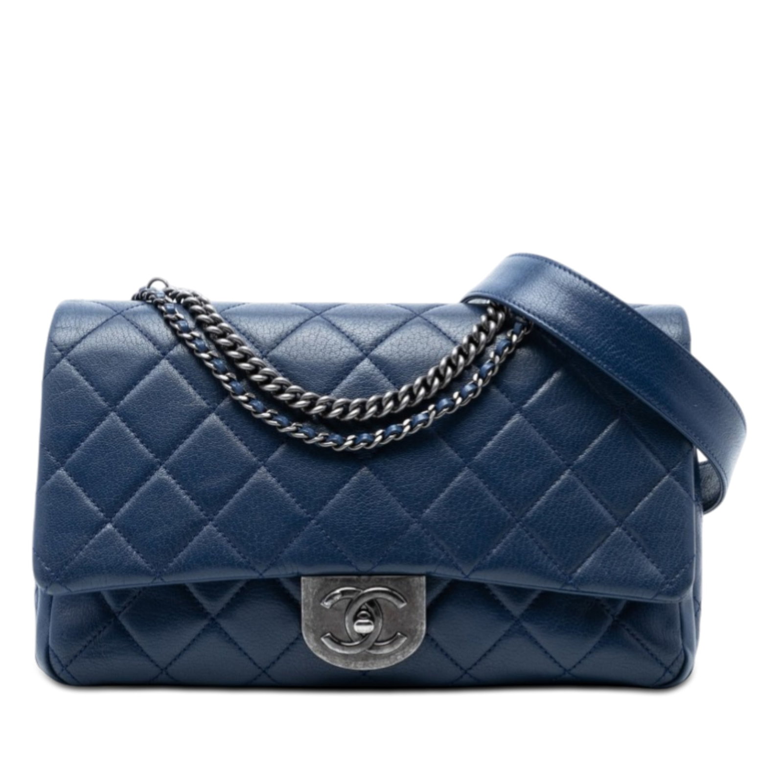 Chanel blue quilted goatskin flap satchel with chain strap: Chanel blue quilted goatskin flap satchel with chain strap This Chanel Large Quilted Goatskin Double Carry Waist Chain Flap bag is crafted from quilted goatskin leather in blue. It features a removabl