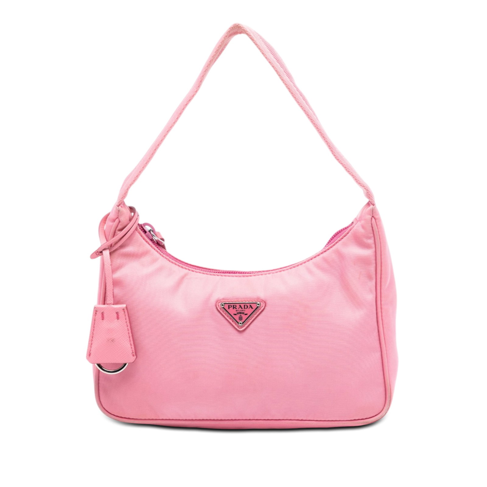 Prada Pink Nylon Mini Tessuto Re Edition 2000 Shoulder Bag: Prada Pink Nylon Mini Tessuto Re Edition 2000 Shoulder Bag This Prada Mini Tessuto Re Edition 2000 Shoulder Bag is crafted from pink nylon fabric and features a flat nylon shoulder strap with a top zi