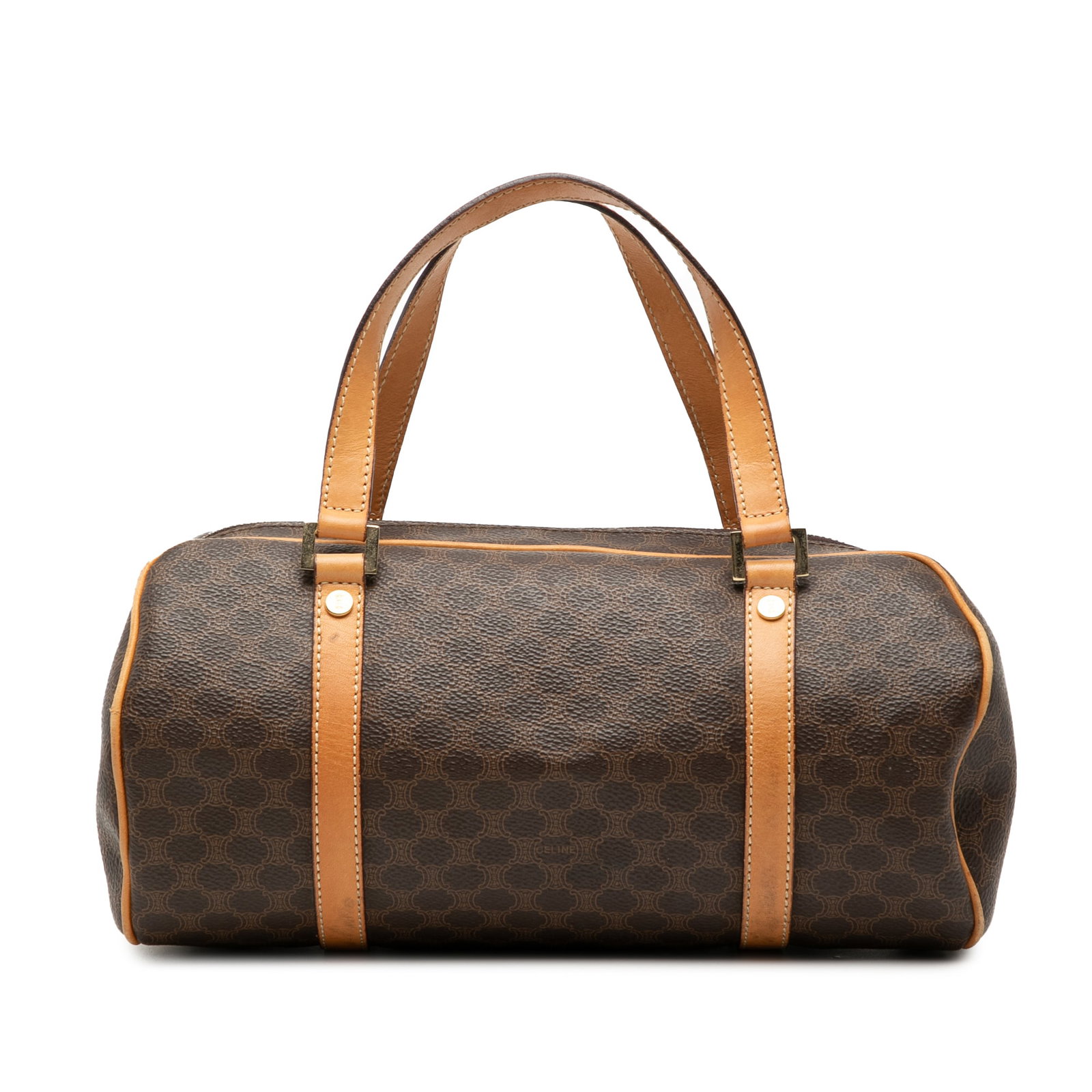 Celine Macadam brown coated canvas tote with leather trim: Celine Macadam brown coated canvas tote with leather trim This Celine Macadam handbag features a coated canvas body with leather trim, flat leather handles, a top zip closure, and interior slip pocket