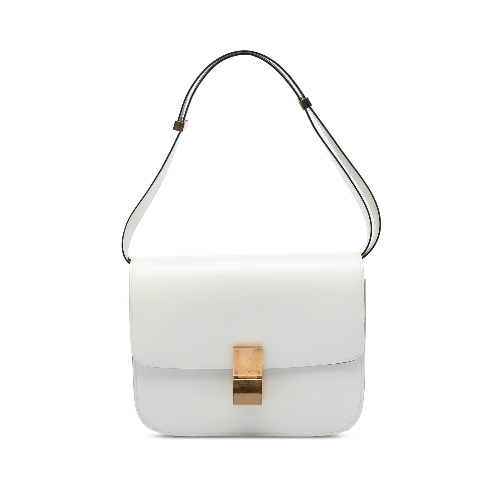 Celine white leather crossbody Medium Calfskin Classic Box bag: Celine white leather crossbody Medium Calfskin Classic Box bag This Celine Medium Calfskin Classic Box crossbody bag is crafted from leather and features an adjustable flat leather strap, a front flap