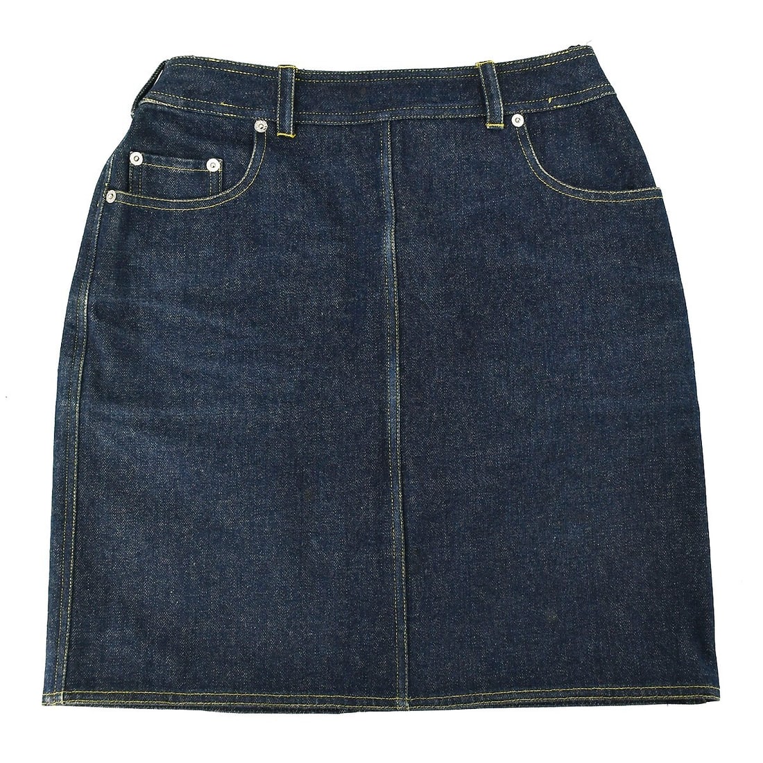 Vintage Chanel Indigo Denim Skirt with Logo Accents Size 38: Vintage Chanel Indigo Denim Skirt with Logo Accents Size 38 This vintage Chanel skirt features an indigo color crafted from 100% cotton, making it a stylish and versatile addition to your wardrobe. Th