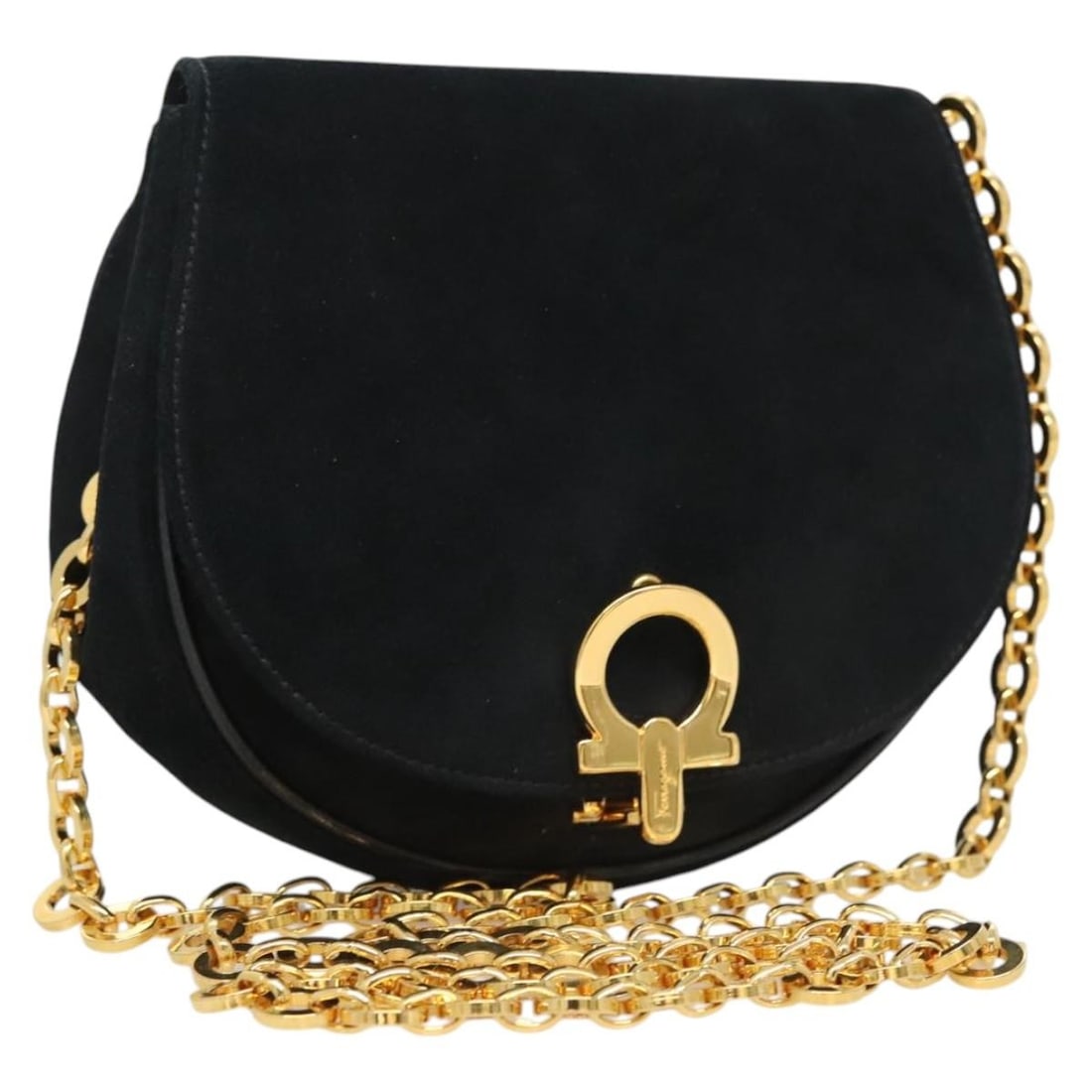 Ferragamo black suede Gancini chain shoulder bag: Ferragamo black suede Gancini chain shoulder bag This Salvatore Ferragamo shoulder bag features a black suede exterior with gold-tone accents and the signature Gancini chain detail. Designed for women