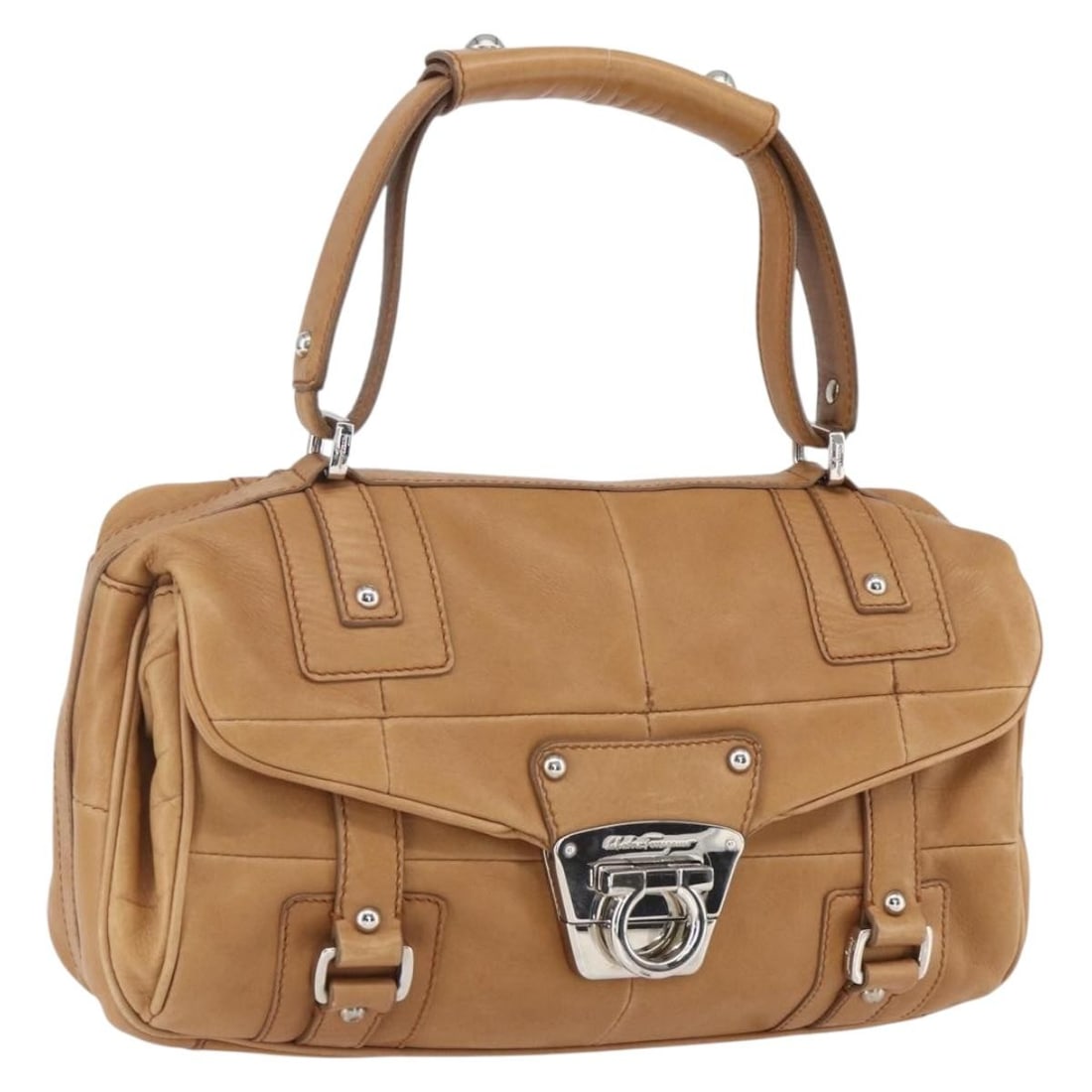 Salvatore Ferragamo Gancini Leather Hand Bag Brown Silver Auth 157129V (1 of 18)