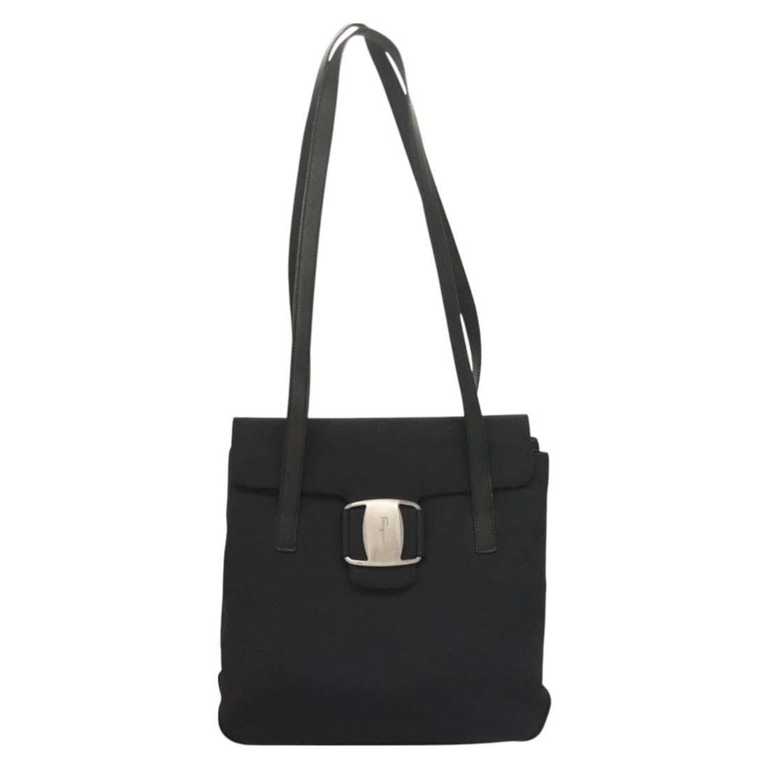 Vala Shoulder Bag by Salvatore Ferragamo Black Canvas: Vala Shoulder Bag by Salvatore Ferragamo Black Canvas This Salvatore Ferragamo Vala Shoulder Bag is crafted from black canvas and features a feminine design. The bag shows signs of use, including rubb
