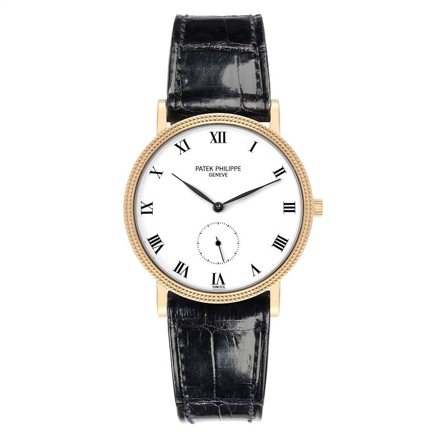 Patek Philippe Calatrava 3919J-001 Mens Yellow Gold Leather Watch: Patek Philippe Calatrava 3919J-001 Mens Yellow Gold Leather Watch This Patek Philippe Calatrava features a classic white dial and is paired with a refined leather bracelet. The watch is distinguished 
