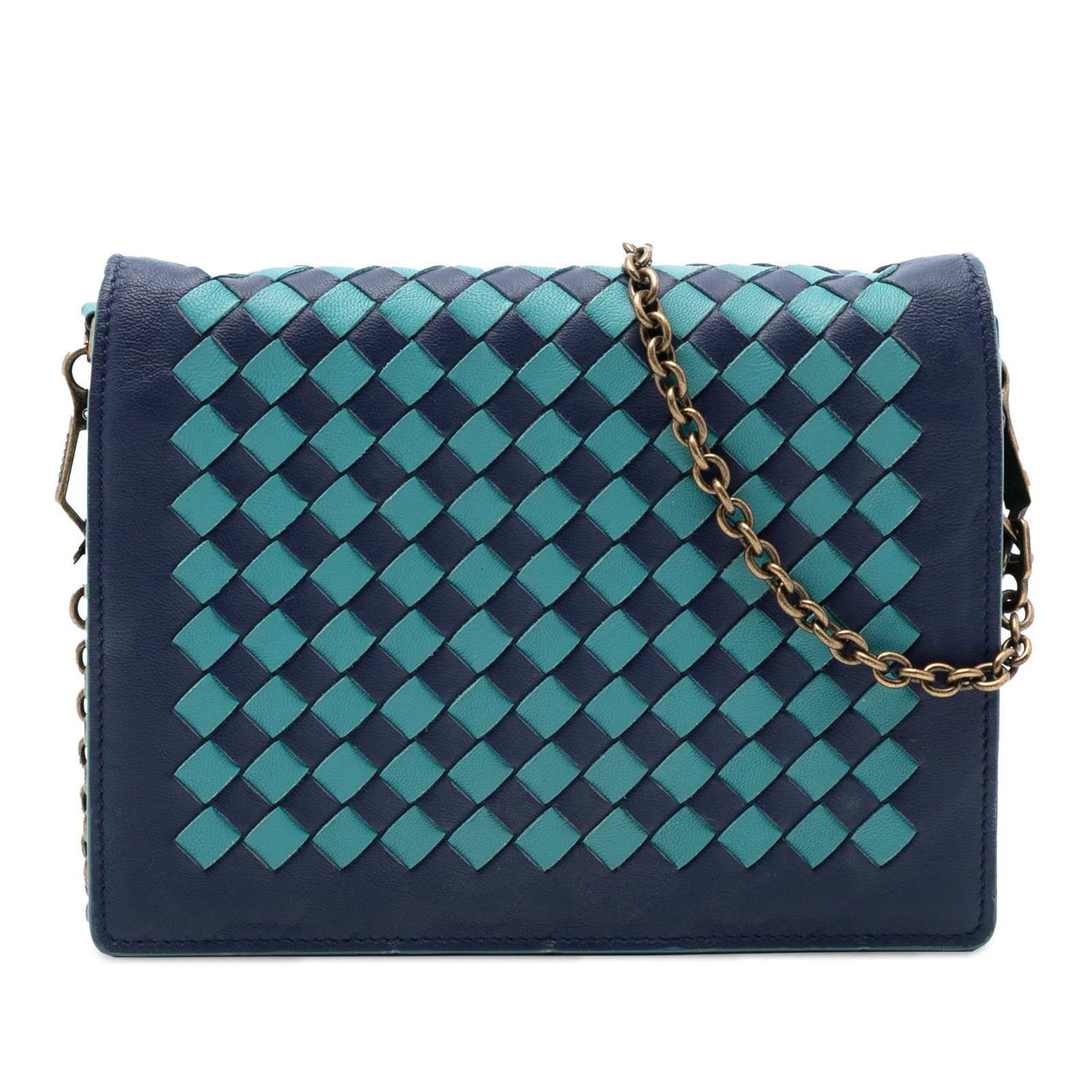 Bottega Veneta Intrecciato Nappa Chain Wallet Crossbody Blue Leather (1 of 7)