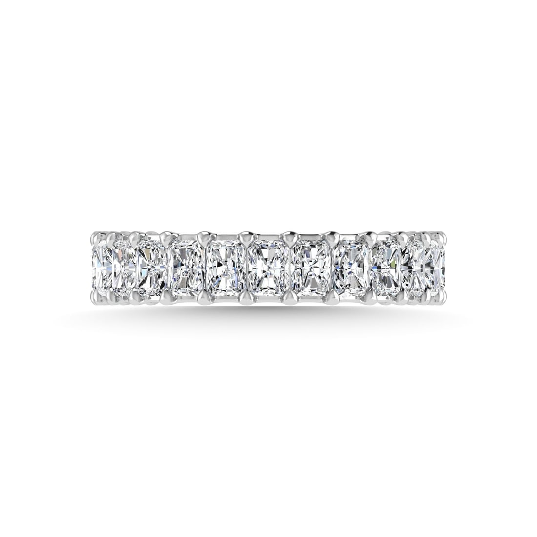 18K White Gold 3 3/4 CT Tw. Emerald Shape Lab Grown Diamond Three Forth Eternity Band: 18K White Gold 3 3/4 CT Tw. Emerald Shape Lab Grown Diamond Three Forth Eternity Band 18k White Gold Stone Color: F Stone Clarity: Vs Each ring is presented in standard size 6.5. Complimentary resizin