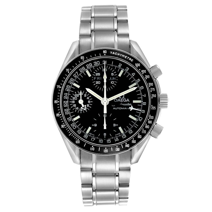 Omega Speedmaster Day Date Black Dial Stainless Steel Ref 3520.50.00: Omega Speedmaster Day Date Black Dial Stainless Steel Ref 3520.50.00 This Omega Speedmaster Day Date features a black dial and a tachymeter bezel, paired with a stainless steel bracelet. It is identif
