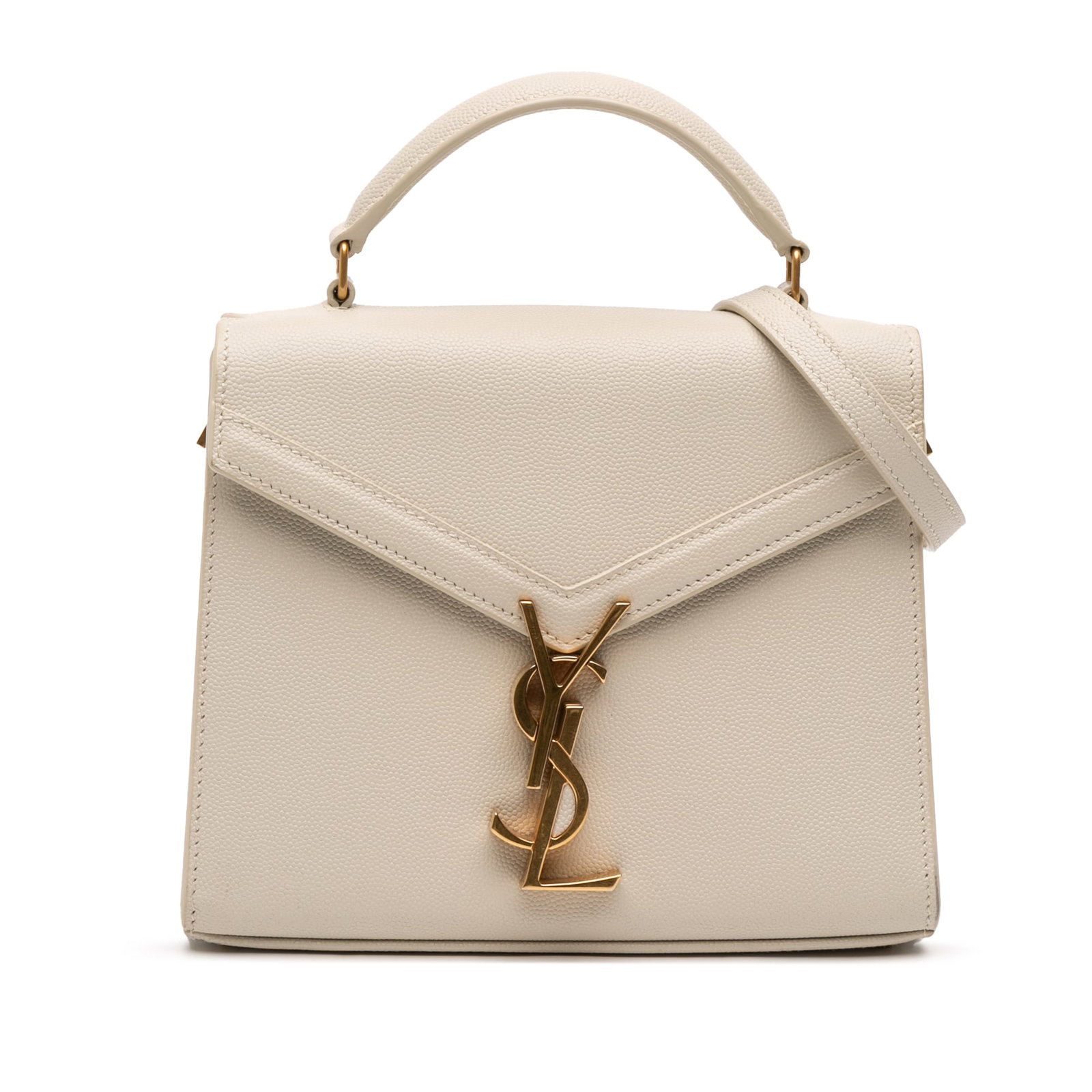 Saint Laurent Mini Cassandra Grain de Poudre Leather Top Handle Bag: Saint Laurent Mini Cassandra Grain de Poudre Leather Top Handle Bag The Saint Laurent Mini Grain de Poudre Monogram Cassandra Top Handle Bag is crafted from leather and features a structured silhouett