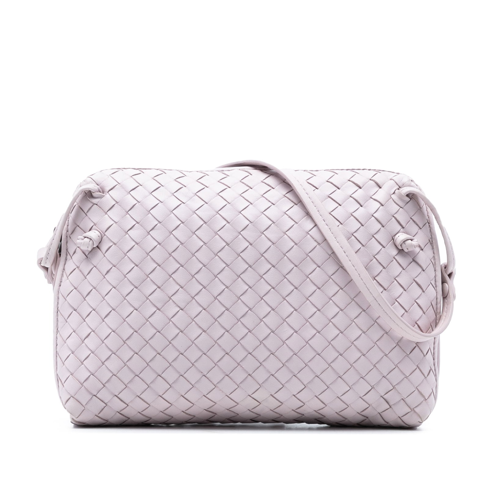 Bottega Veneta Purple Intrecciato Nodini Leather Crossbody Bag: Bottega Veneta Purple Intrecciato Nodini Leather Crossbody Bag This Bottega Veneta Nappa Intrecciato Nodini Crossbody bag showcases the brand's signature woven leather design in a purple hue. It featu