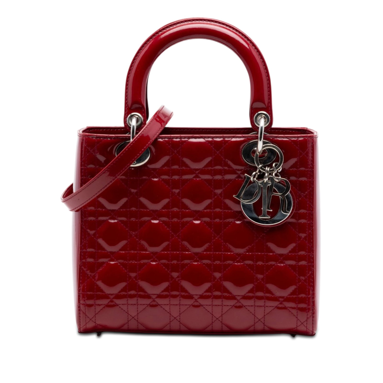 Dior Medium Cannage Lady bag patent leather red: Dior Medium Cannage Lady bag patent leather red This Medium Patent Cannage Lady Dior bag is crafted from quilted patent leather in a striking red color. It features flat leather top handles, a detacha