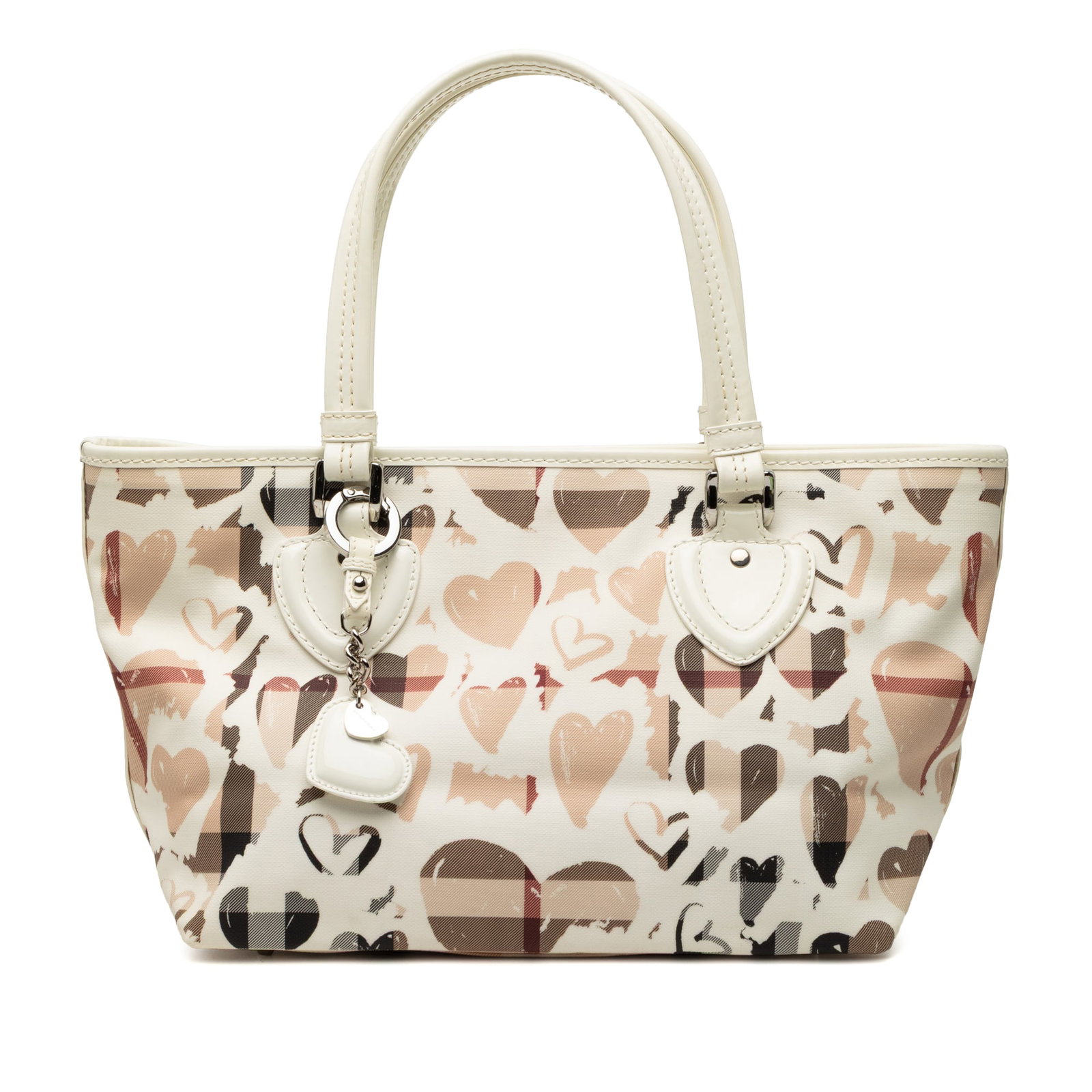 Gracie Tote with Hearts Print in Burberry House Check Coated Canvas: Gracie Tote with Hearts Print in Burberry House Check Coated Canvas This Burberry Gracie tote features a printed house check coated canvas exterior accented with heart motifs and leather trim. The des