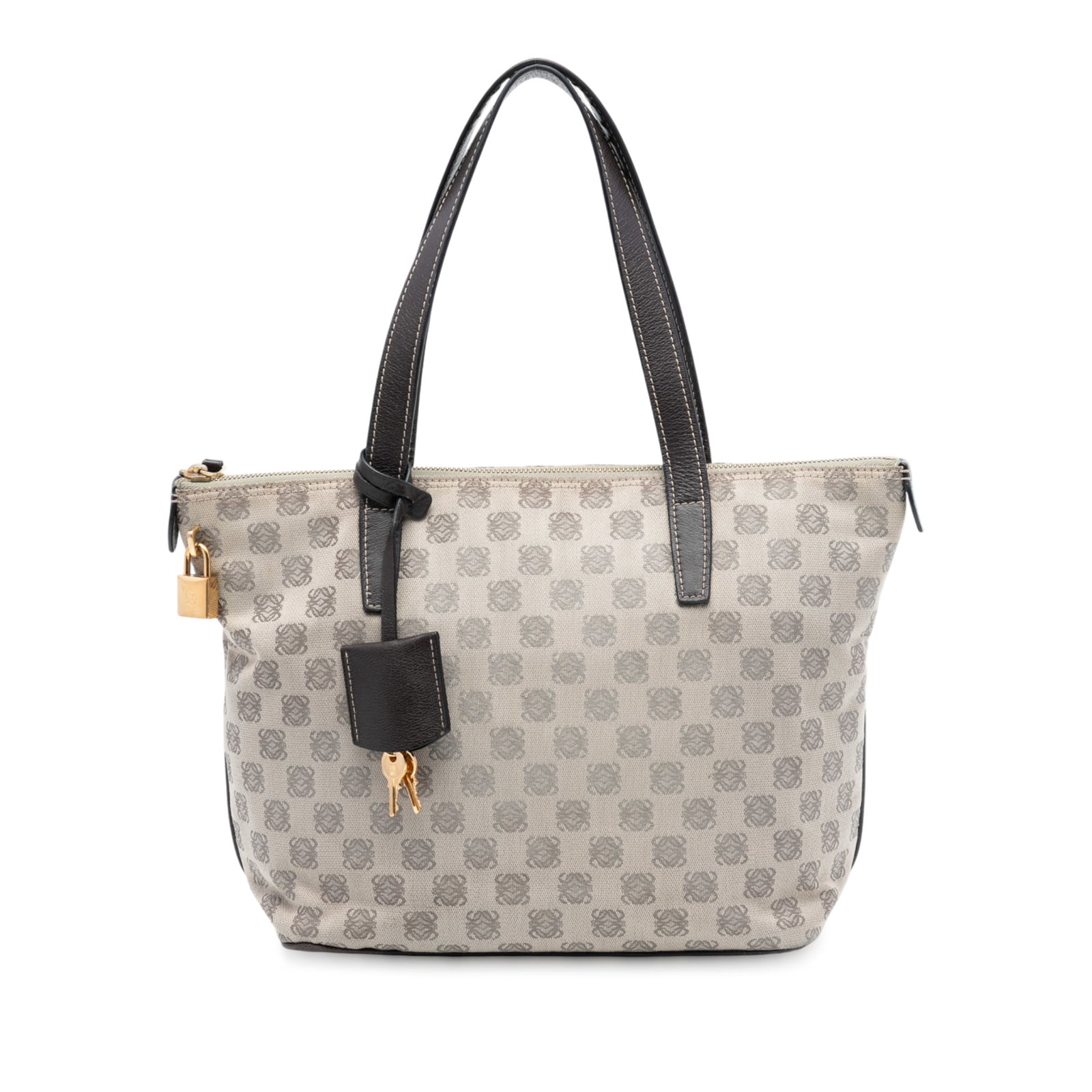 LOEWE Anagram Brown Canvas Tote Bag with Leather Trim: LOEWE Anagram Brown Canvas Tote Bag with Leather Trim This LOEWE Anagram Canvas Tote features a canvas body with leather trim, flat leather straps, a top zip closure, and interior zip and slip pockets
