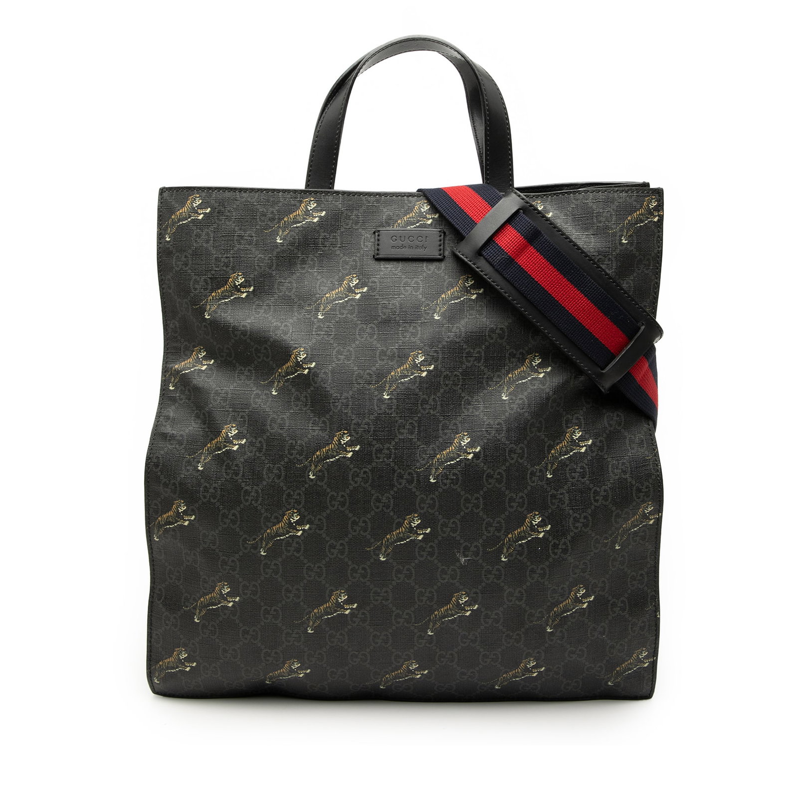 GG Supreme Tiger Tote by Gucci with Convertible Strap: GG Supreme Tiger Tote by Gucci with Convertible Strap This Gucci GG Supreme Tiger Convertible Soft Tote features a printed coated canvas body with a striking tiger motif, complemented by flat leather 