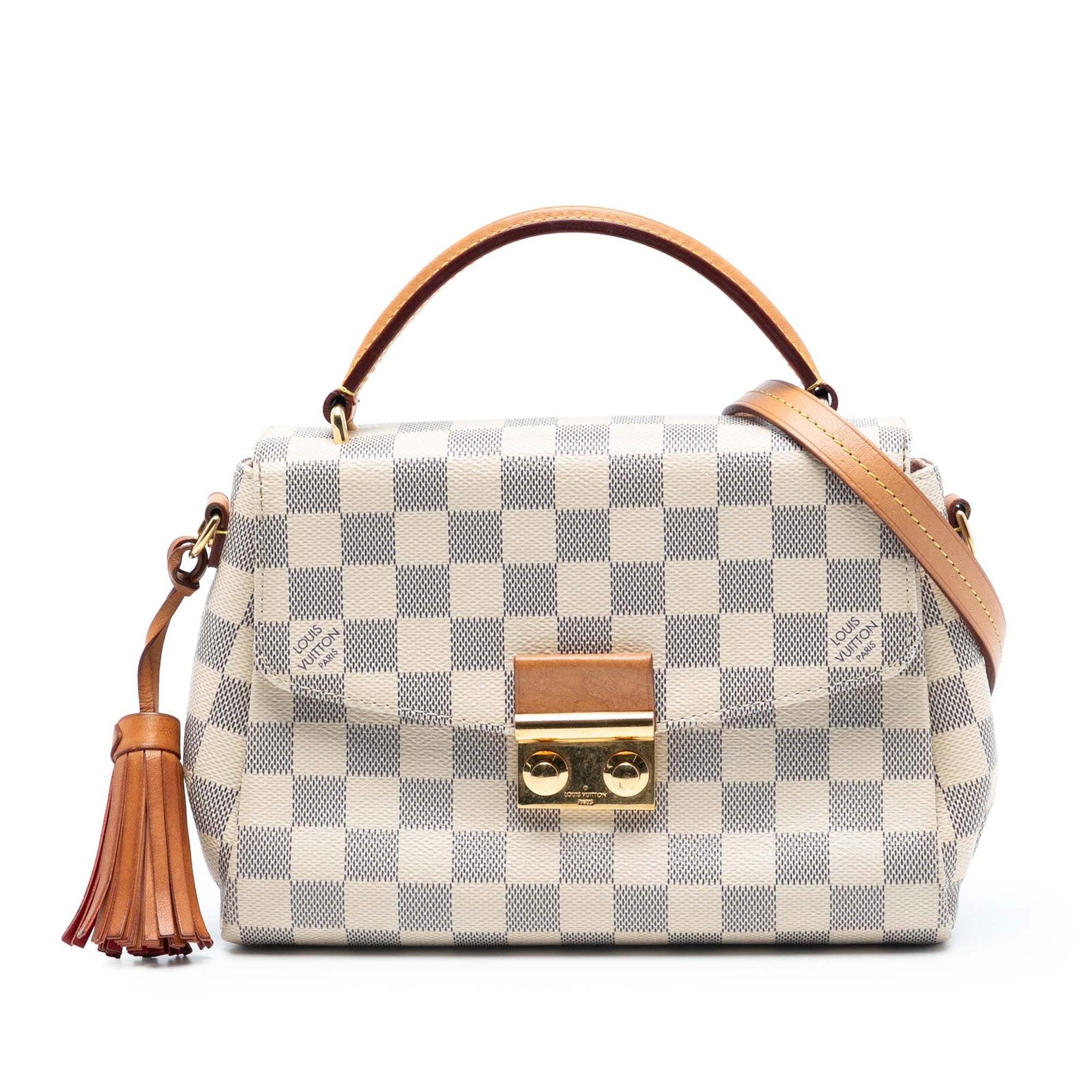 Louis Vuitton Croisette Damier Azur Canvas Bag with Leather Tassel: Louis Vuitton Croisette Damier Azur Canvas Bag with Leather Tassel The Louis Vuitton Damier Azur Croisette is crafted from damier azur canvas with vachetta leather trim and features a leather tassel d