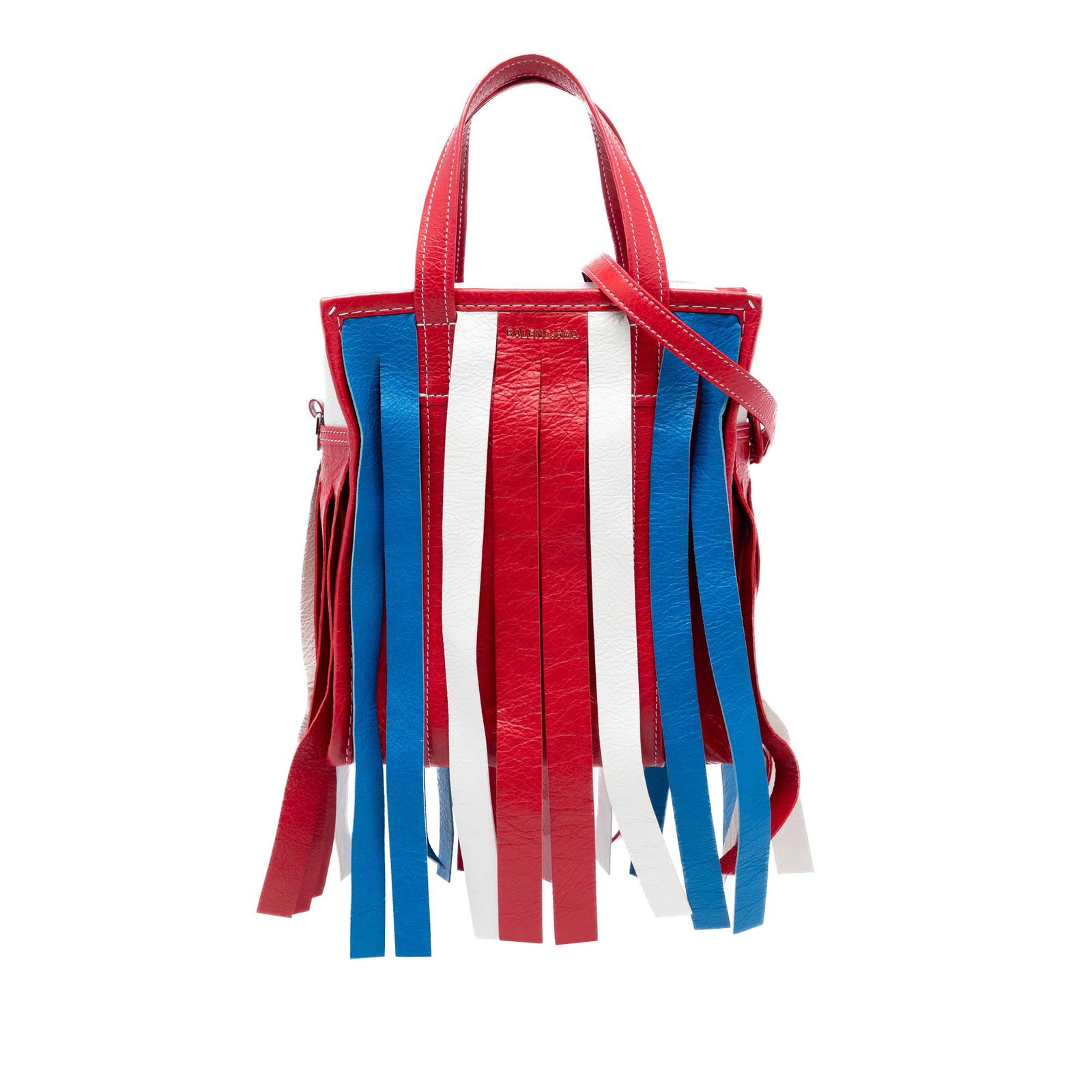 Balenciaga red lambskin fringe shopper satchel XS: Balenciaga red lambskin fringe shopper satchel XS This Balenciaga XS Lambskin Fringe Bazar Shopper Satchel features a leather body with distinctive fringe details, flat handles, a detachable shoulder 
